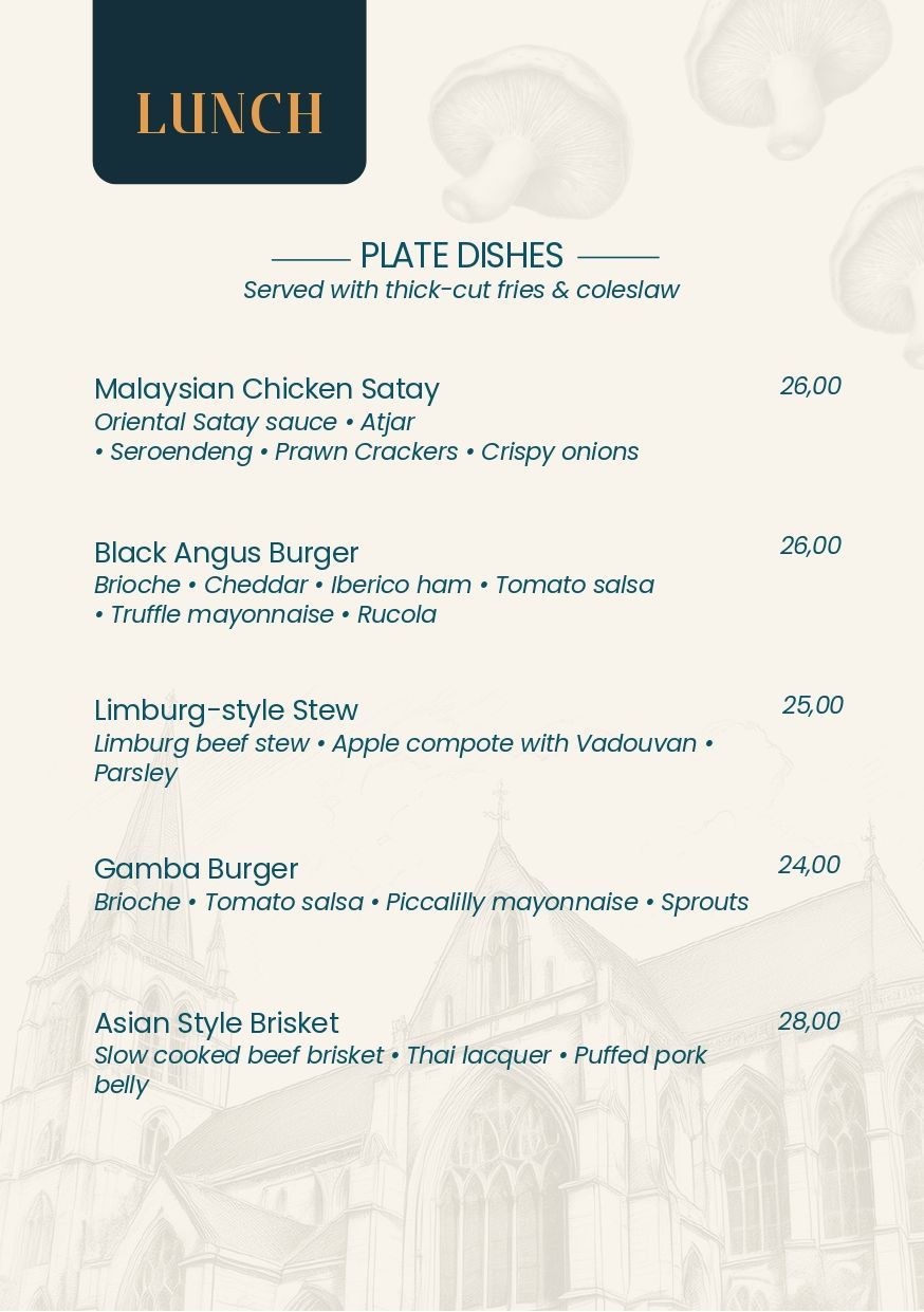 Een menukaart voor een restaurant toont een verscheidenheid aan gerechten en dranken.