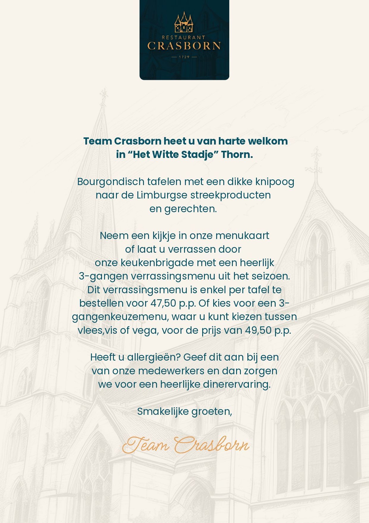 Een dinerkaart met een afbeelding van de Abdijkerk in Thorn.
