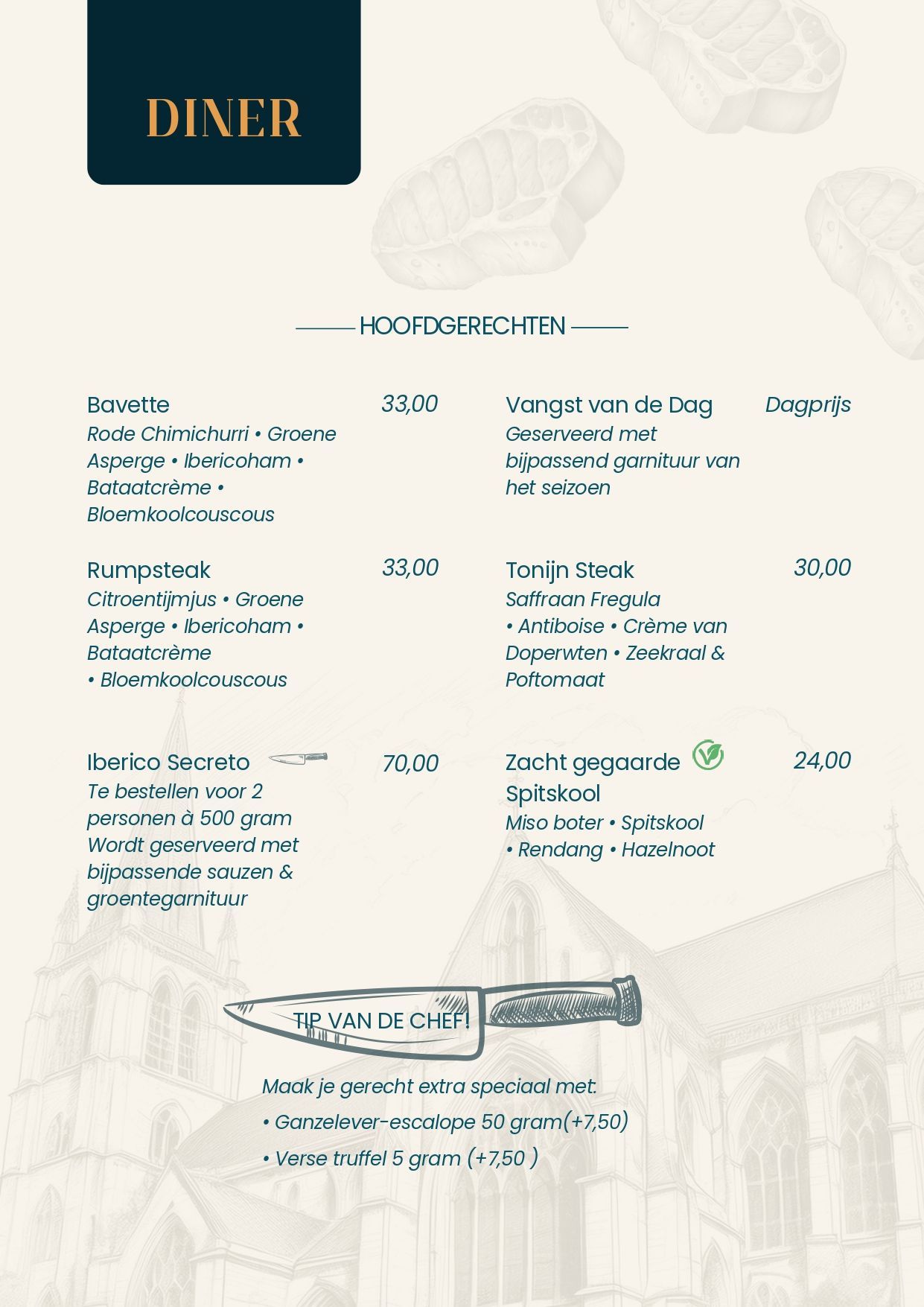 Dinerkaart Hotel Restaurant Crasborn in Thorn pagina hoofdgerechten