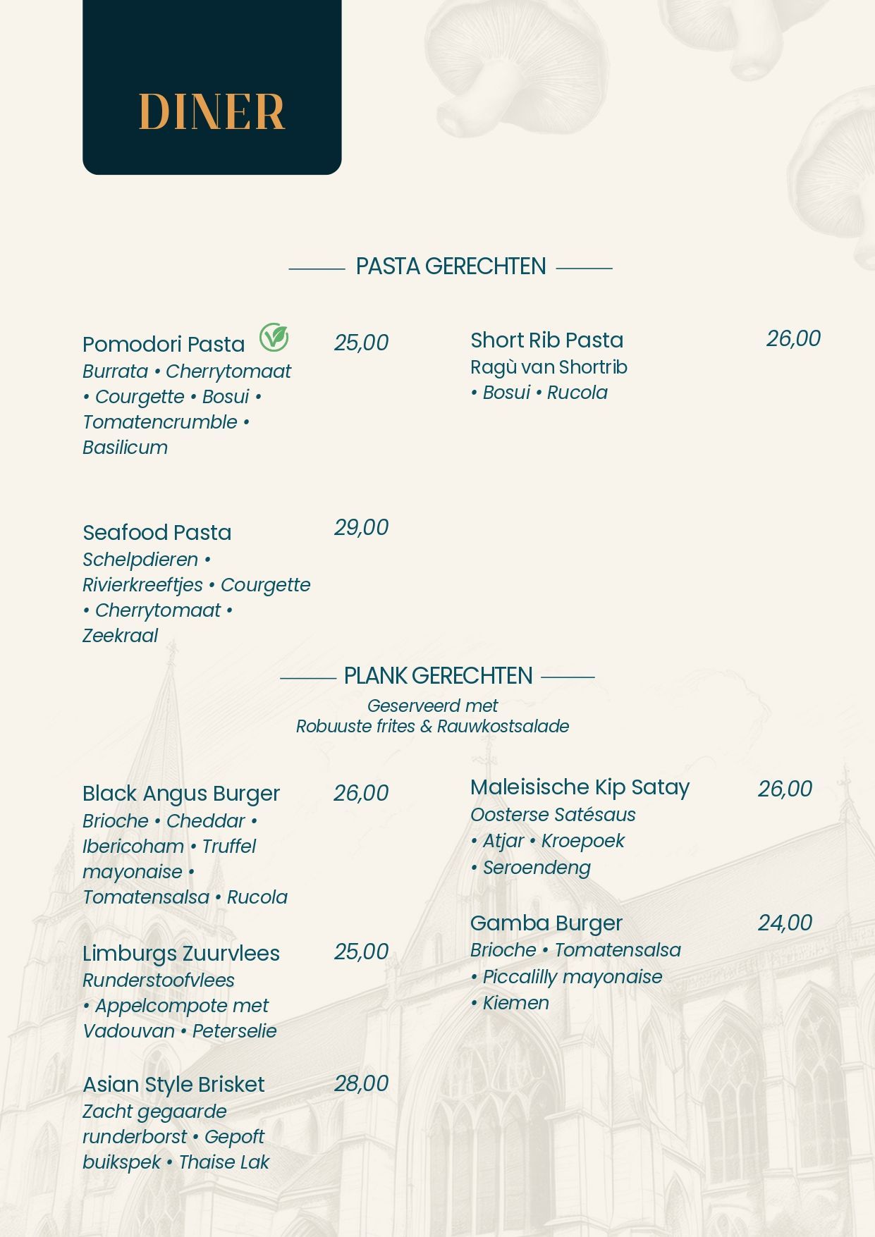 Dinermenu met opties: hamburger, risotto, fish & chips. Lichte achtergrond met architectuurillustratie.