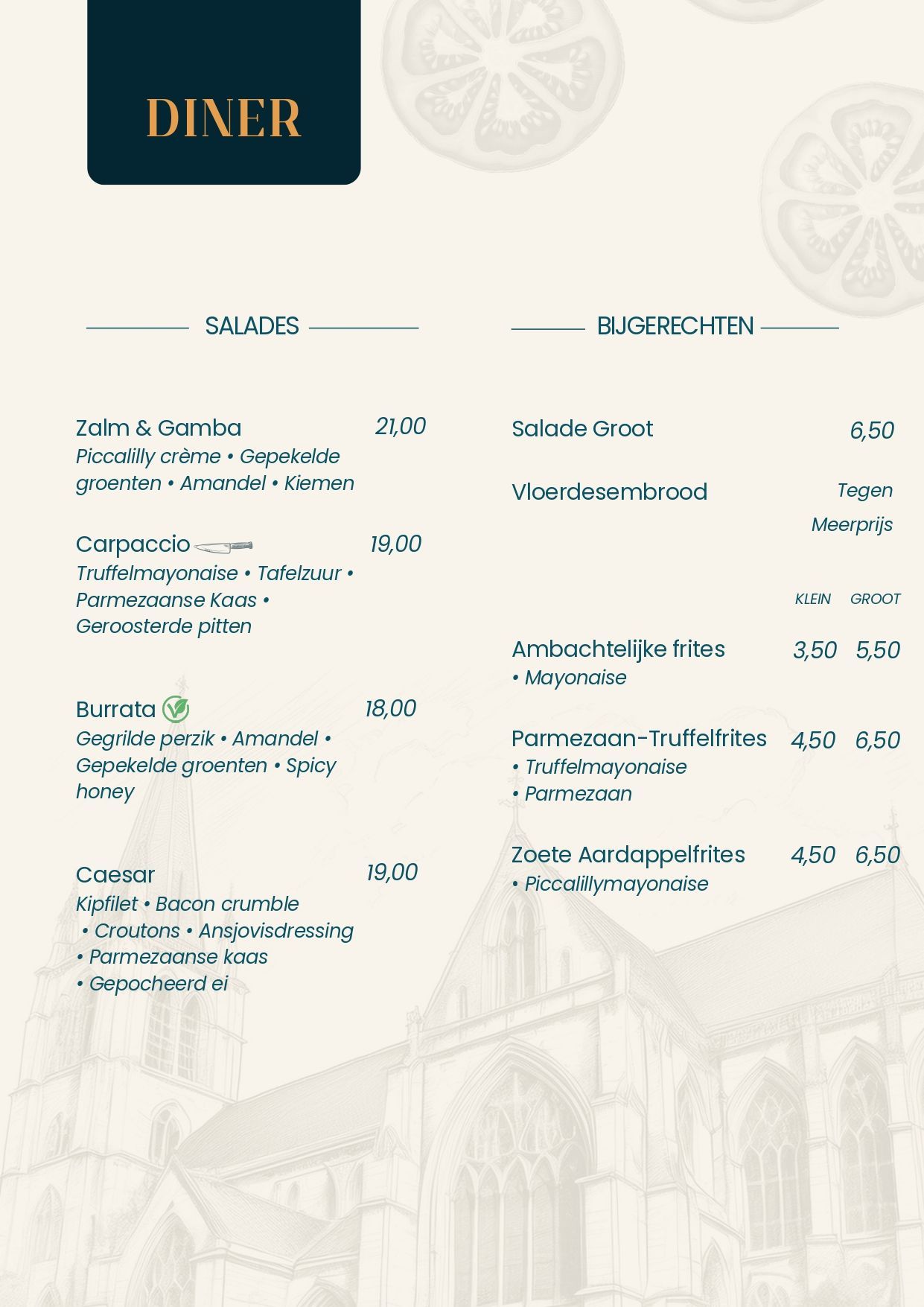 Dinermenu met tekst in twee kolommen, inclusief voorgerechten en hoofdgerechten met prijzen en drankjes.