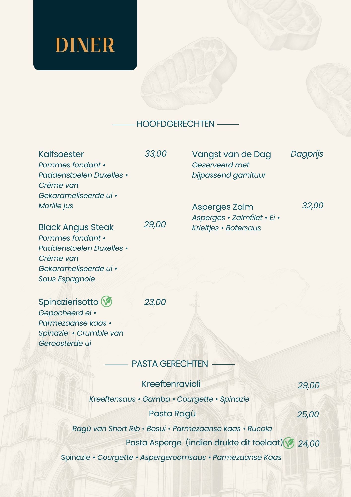 Dinerkaart Hotel Restaurant Crasborn in Thorn pagina hoofdgerechten