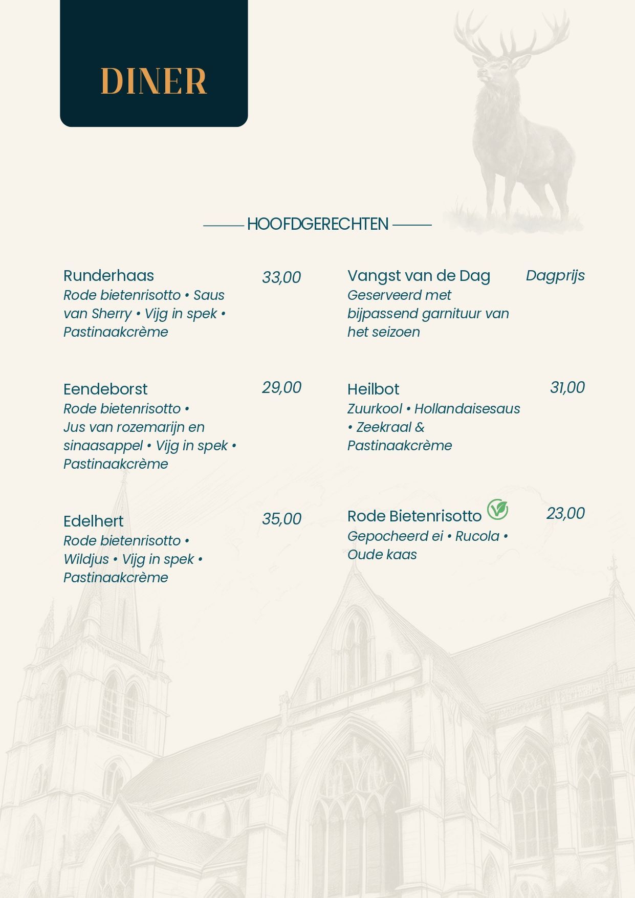 Dinermenu met opties: hamburger, risotto, fish & chips. Lichte achtergrond met architectuurillustratie.