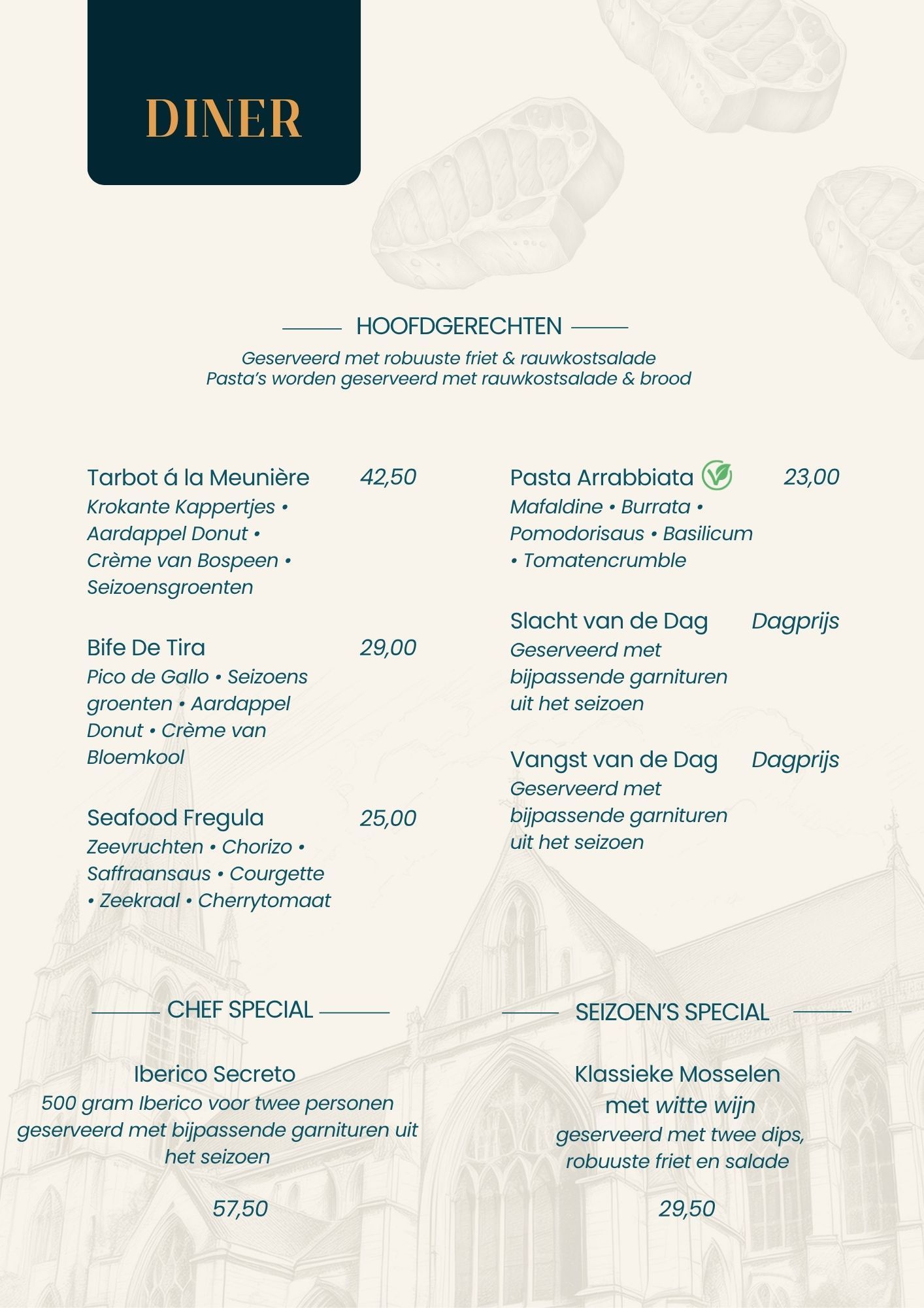 Dinerkaart Hotel Restaurant Crasborn in Thorn pagina hoofdgerechten