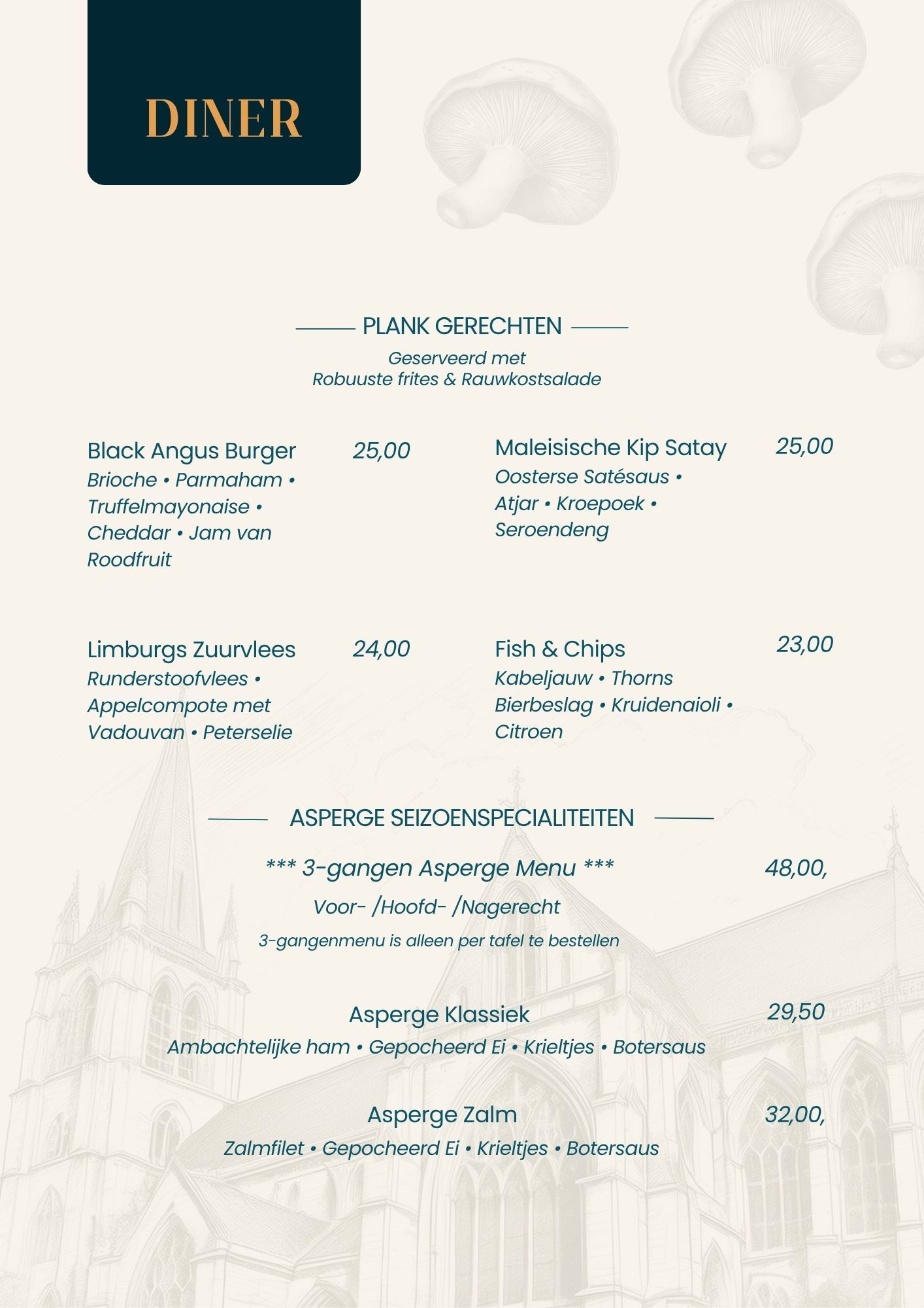 Dinermenu met opties: hamburger, risotto, fish & chips. Lichte achtergrond met architectuurillustratie.