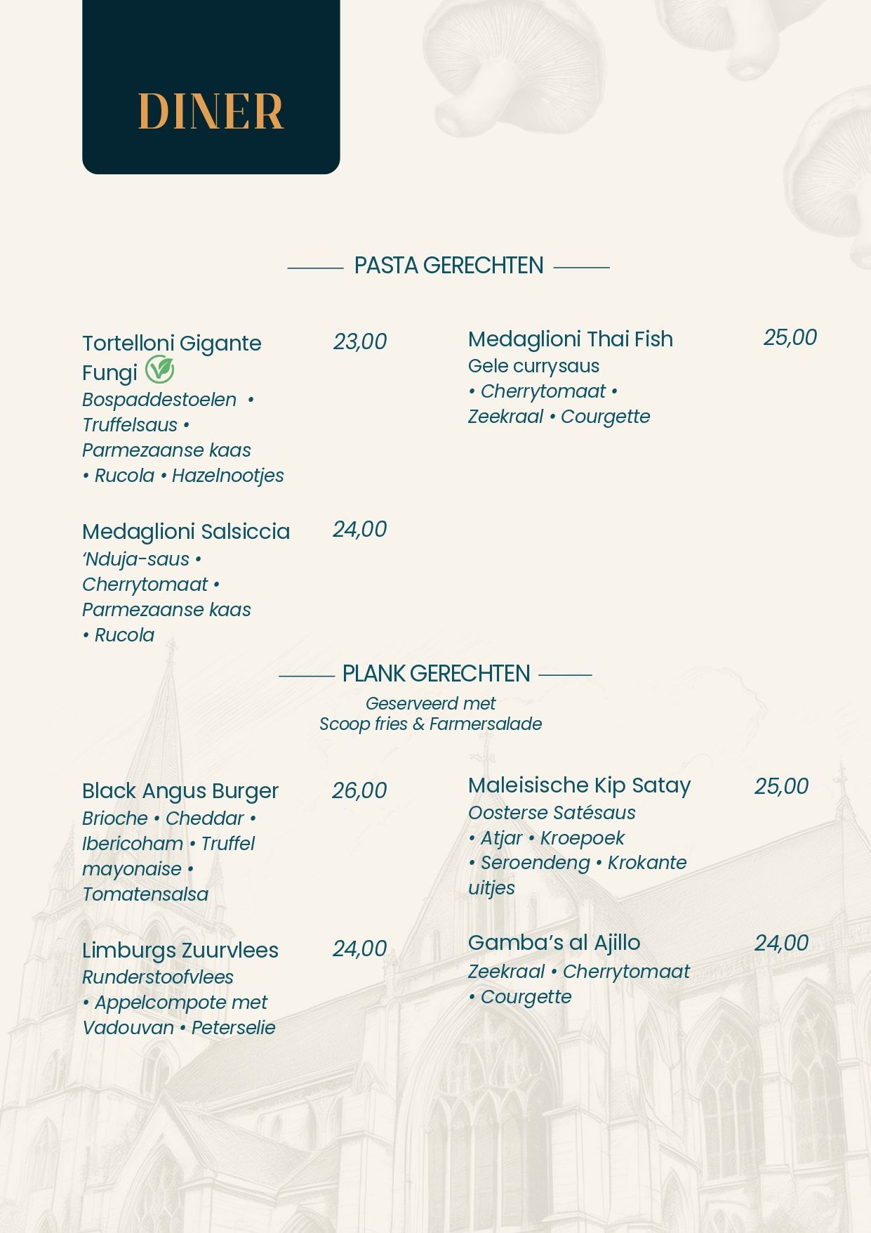 Dinermenu met tekst in twee kolommen, inclusief voorgerechten en hoofdgerechten met prijzen en drankjes.