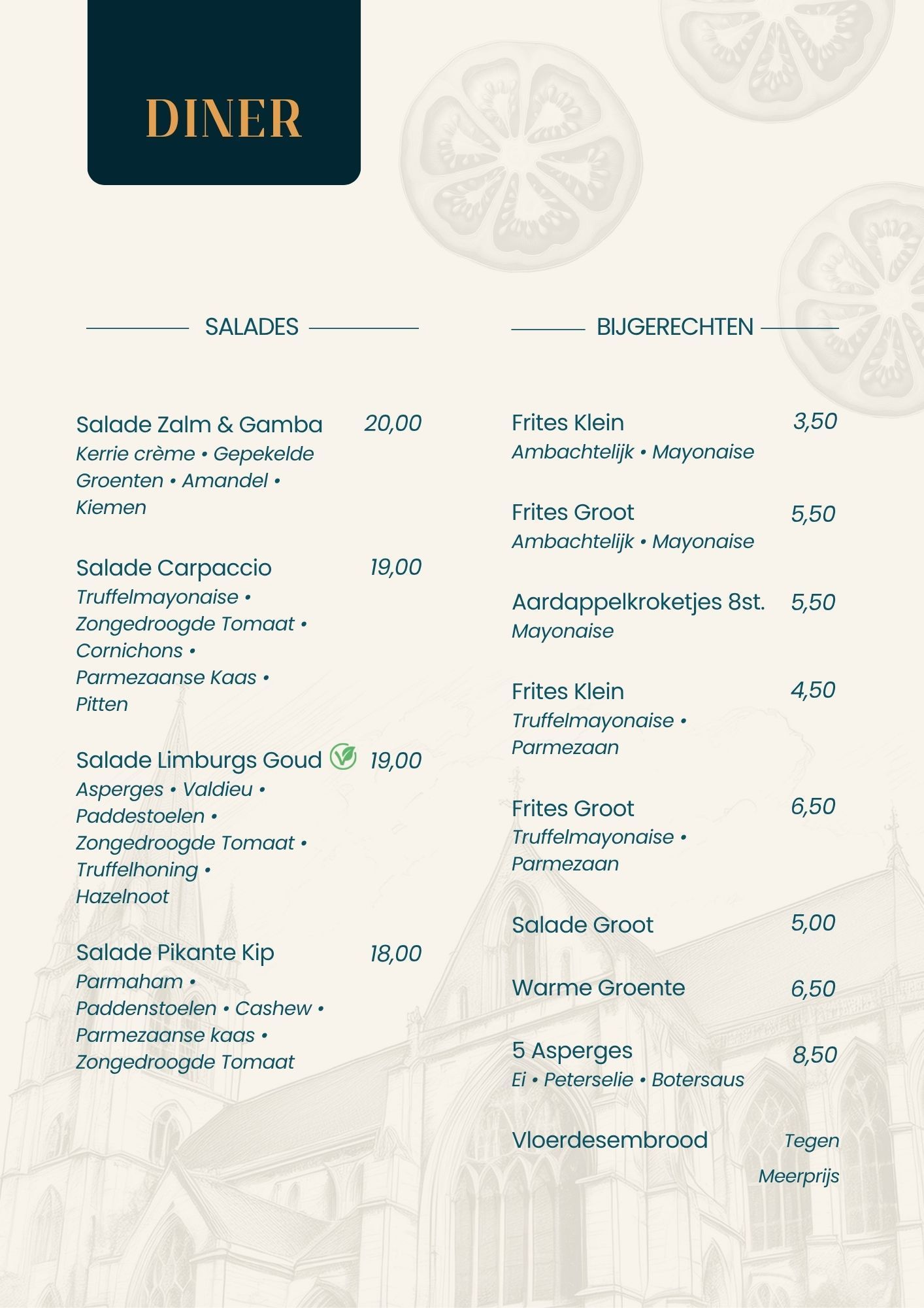 Dinermenu met tekst in twee kolommen, inclusief voorgerechten en hoofdgerechten met prijzen en drankjes.