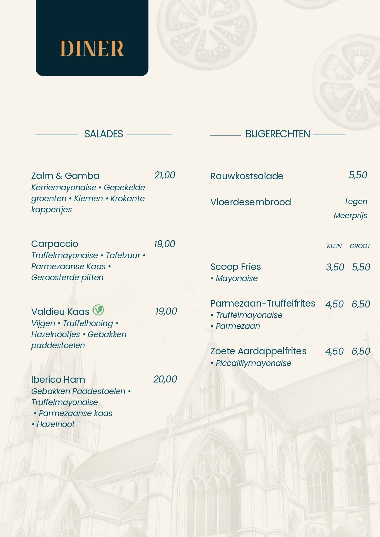 Dessertkaart Hotel Restaurant Crasborn met tekst op een beige achtergrond, met zoetigheden, koffie en de prijs in euro's.