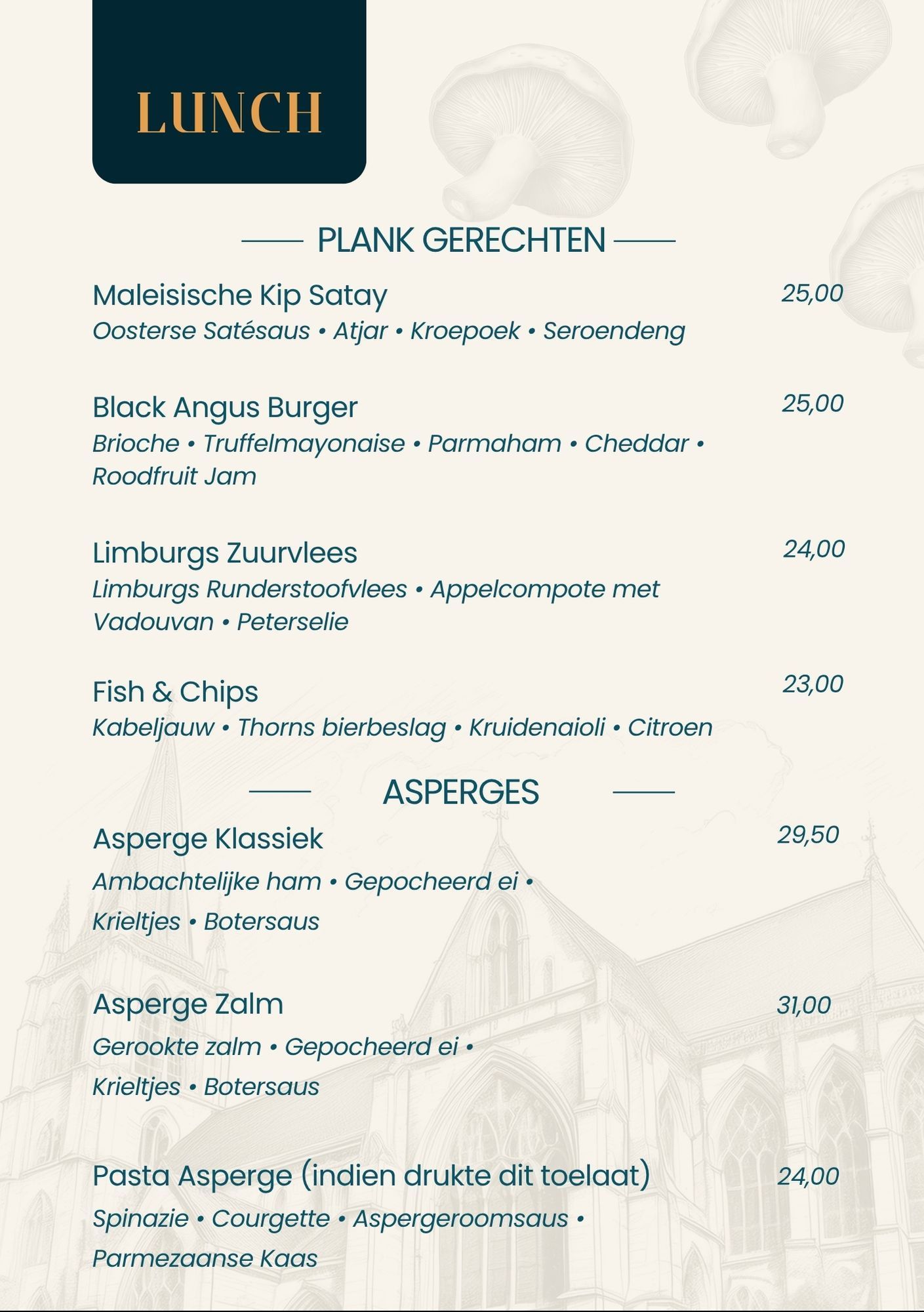 Een menukaart voor een restaurant toont een verscheidenheid aan gerechten en dranken.