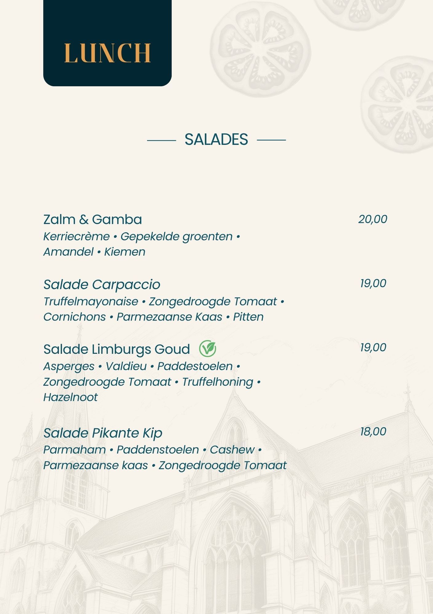 Een menu voor een restaurant met daarop een afbeelding van een gebouw.