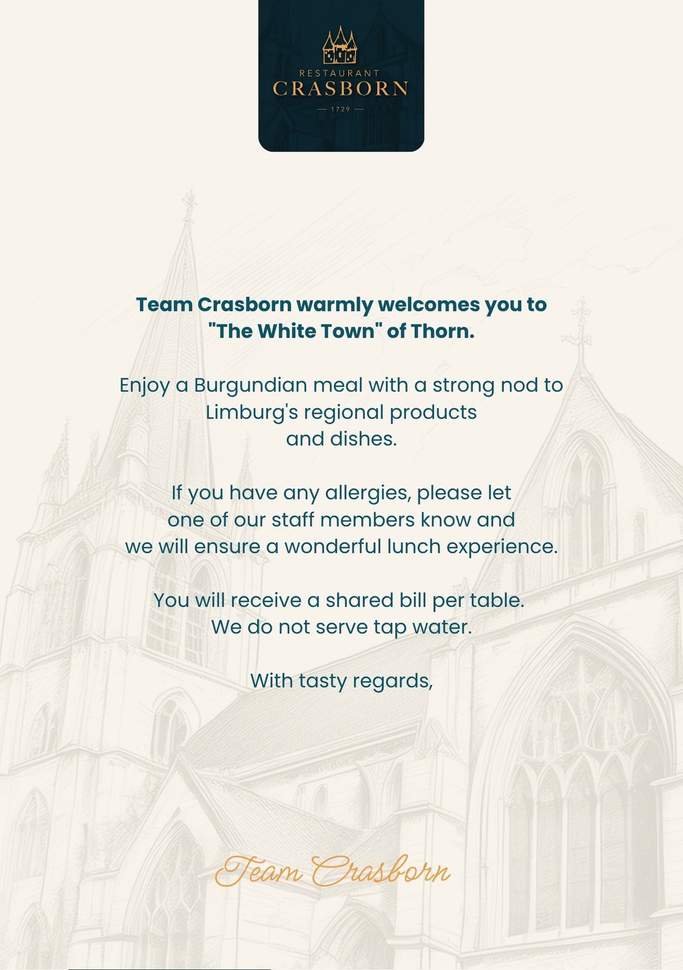 Een lunchkaart met daarop een afbeelding van de Abdijkerk van Thorn kerk.