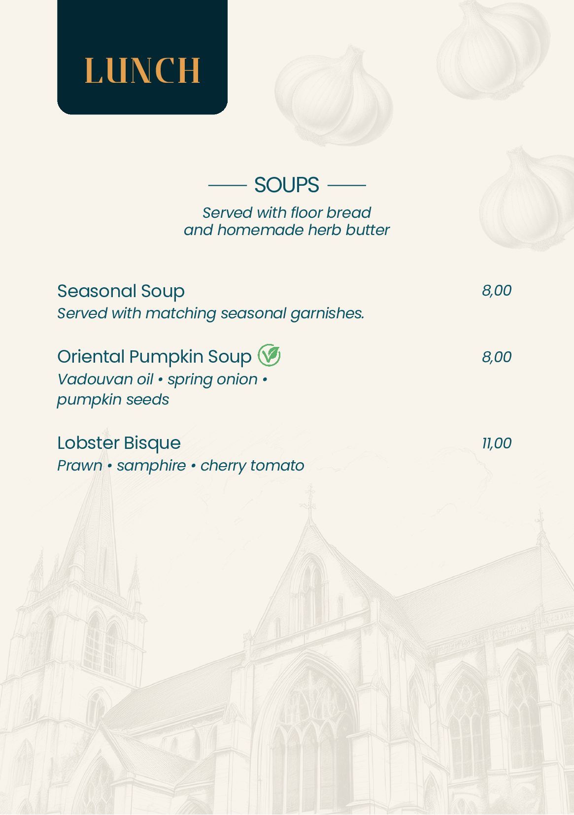 Een menu voor een restaurant met daarop een afbeelding van een gebouw.