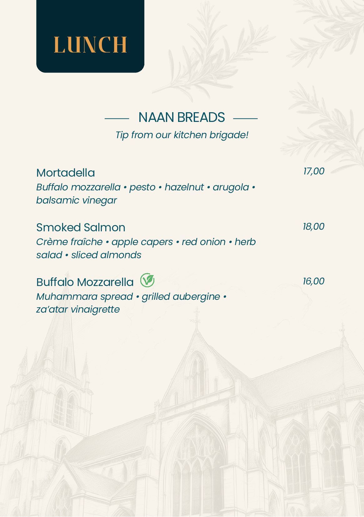 Een menukaart voor een restaurant met een afbeelding van brood erop.