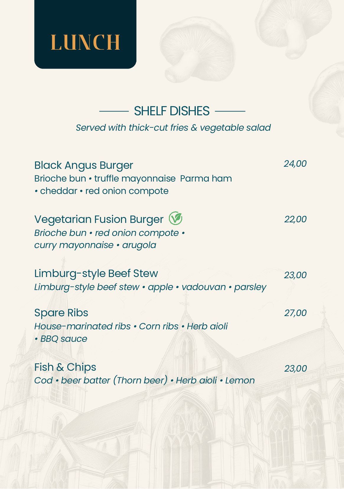 Een menukaart voor een restaurant toont een verscheidenheid aan gerechten en dranken.