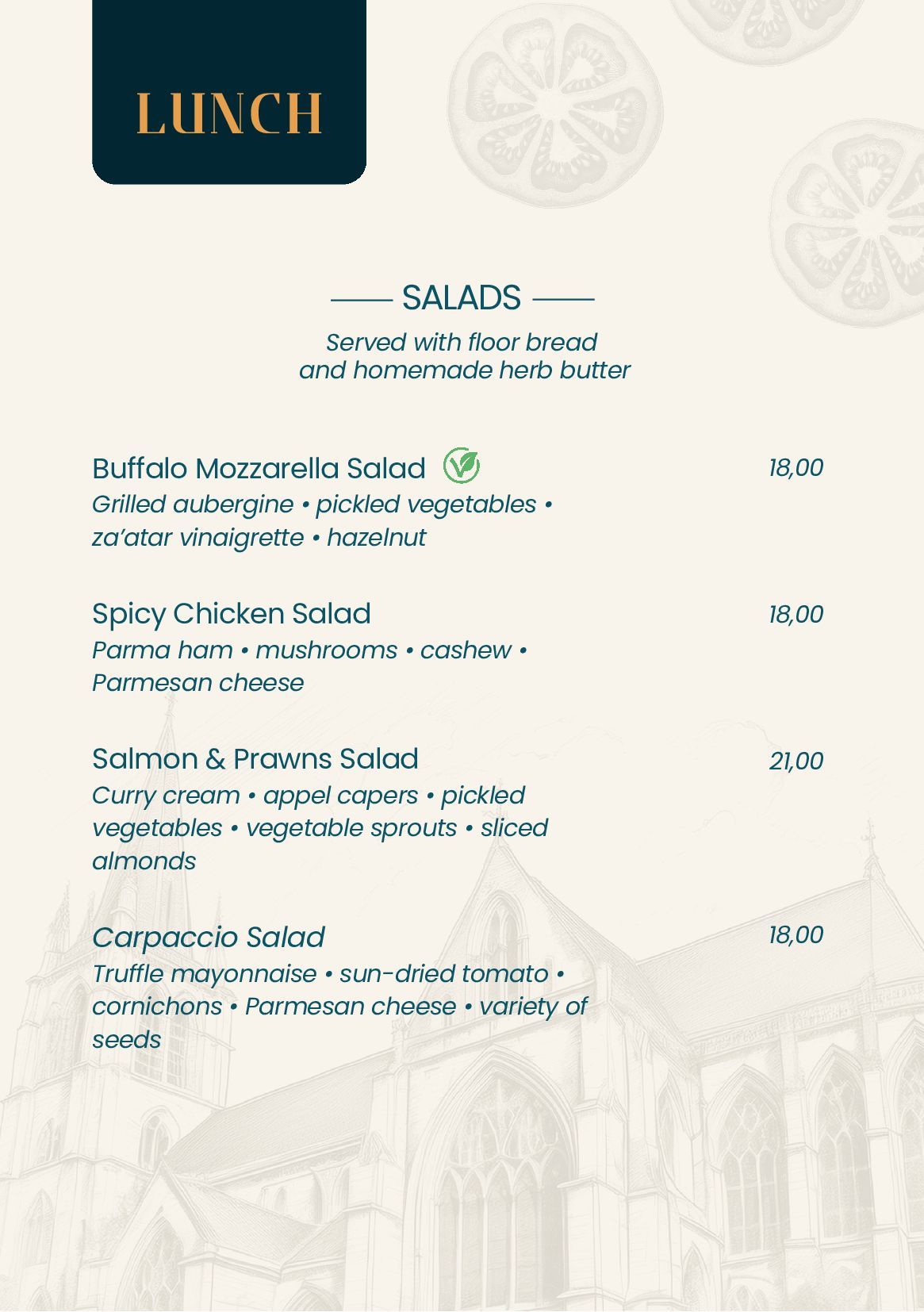 Een menu voor een restaurant met daarop een afbeelding van een gebouw.