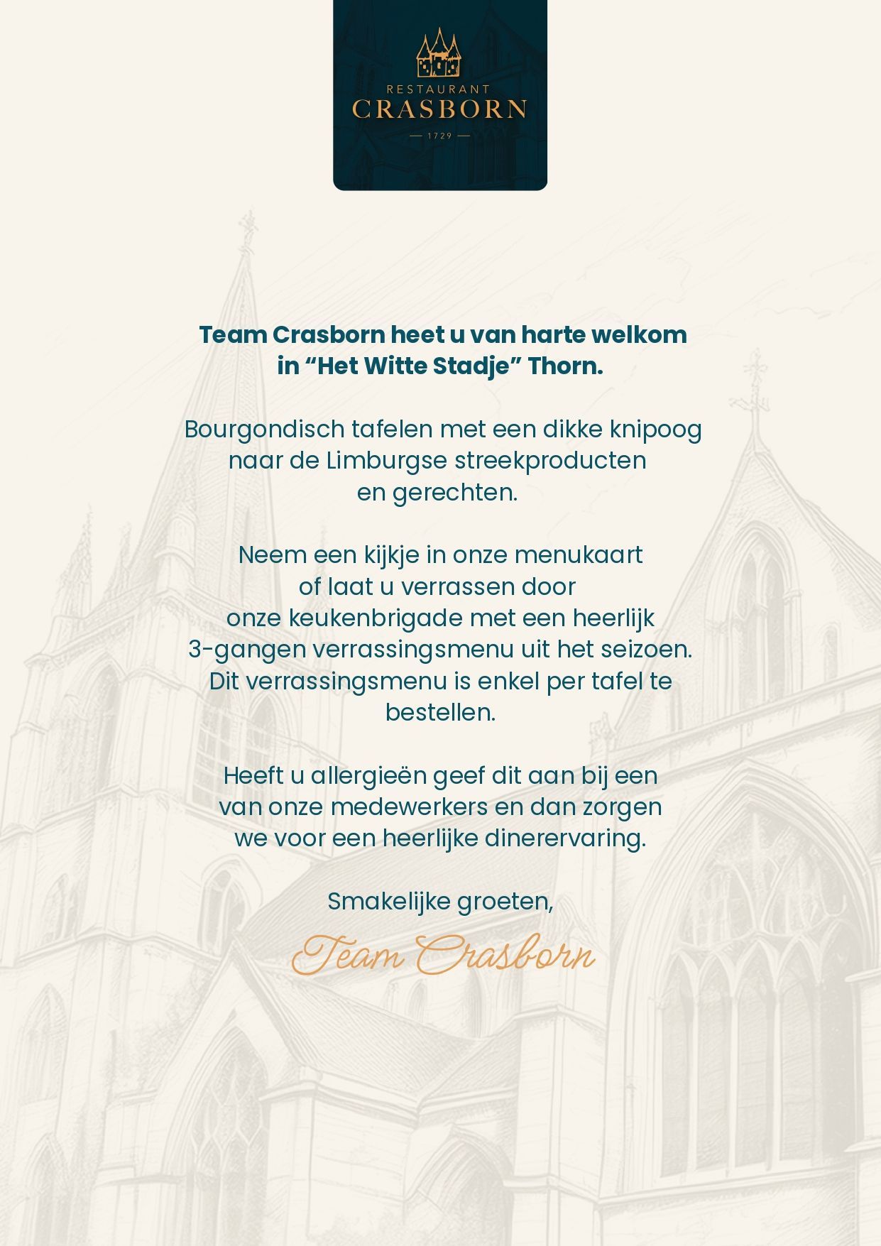 Een dinerkaart met een afbeelding van de Abdijkerk in Thorn.