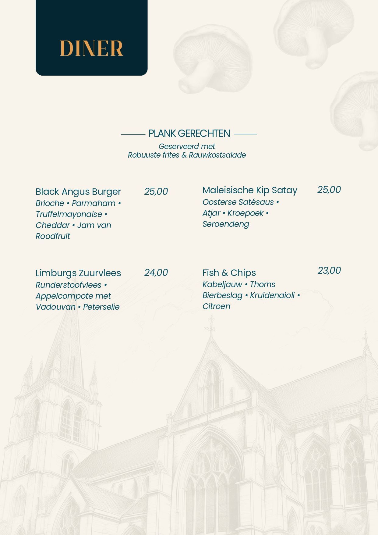 Dinermenu met opties: hamburger, risotto, fish & chips. Lichte achtergrond met architectuurillustratie.