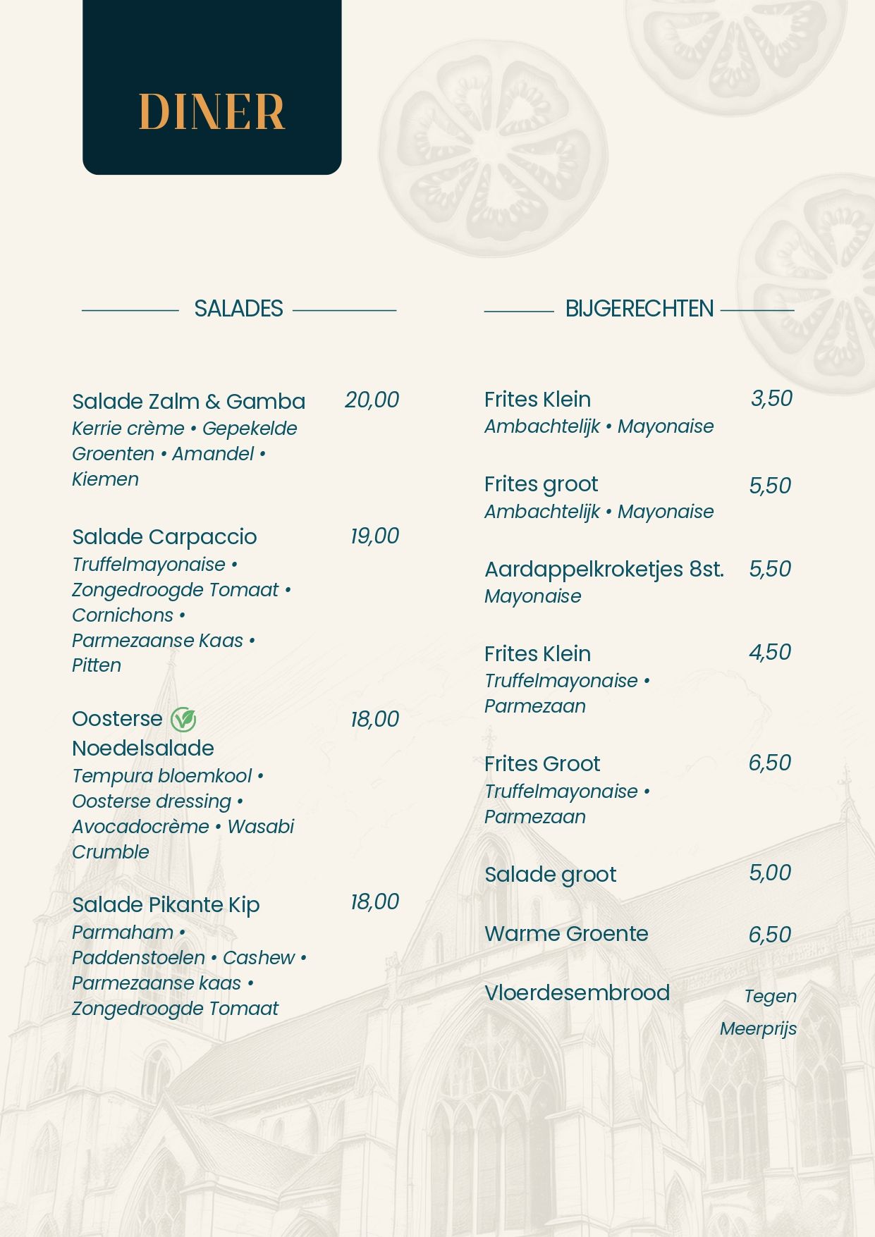 Dinermenu met tekst in twee kolommen, inclusief voorgerechten en hoofdgerechten met prijzen en drankjes.