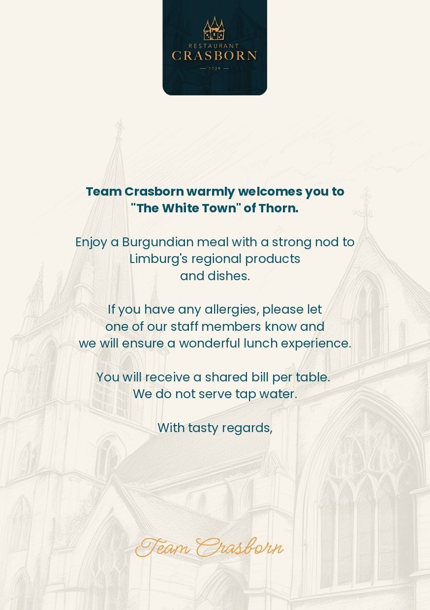 Een lunchkaart met daarop een afbeelding van de Abdijkerk van Thorn kerk.