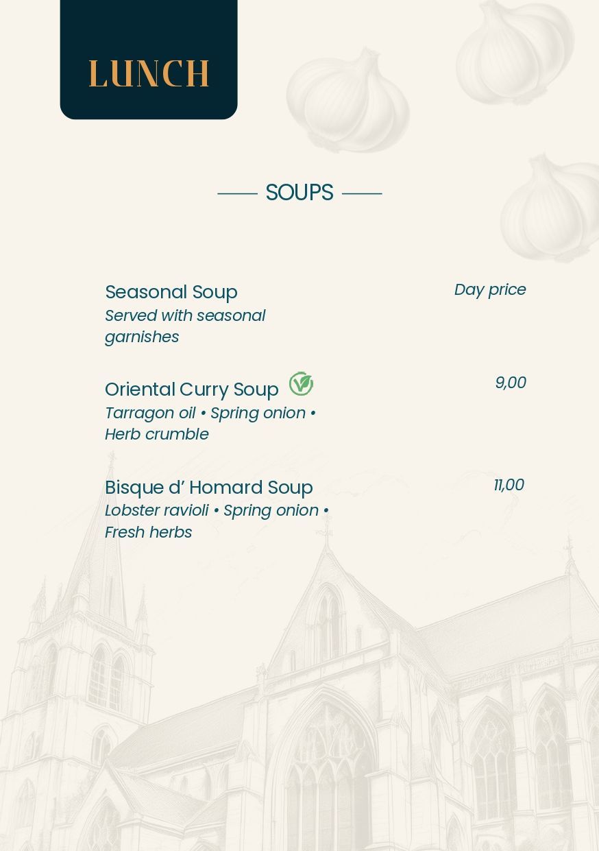 Een menu voor een restaurant met daarop een afbeelding van een gebouw.