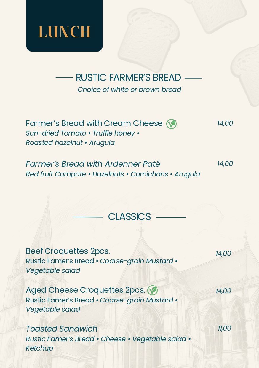 Een menukaart voor een restaurant met een afbeelding van brood erop.