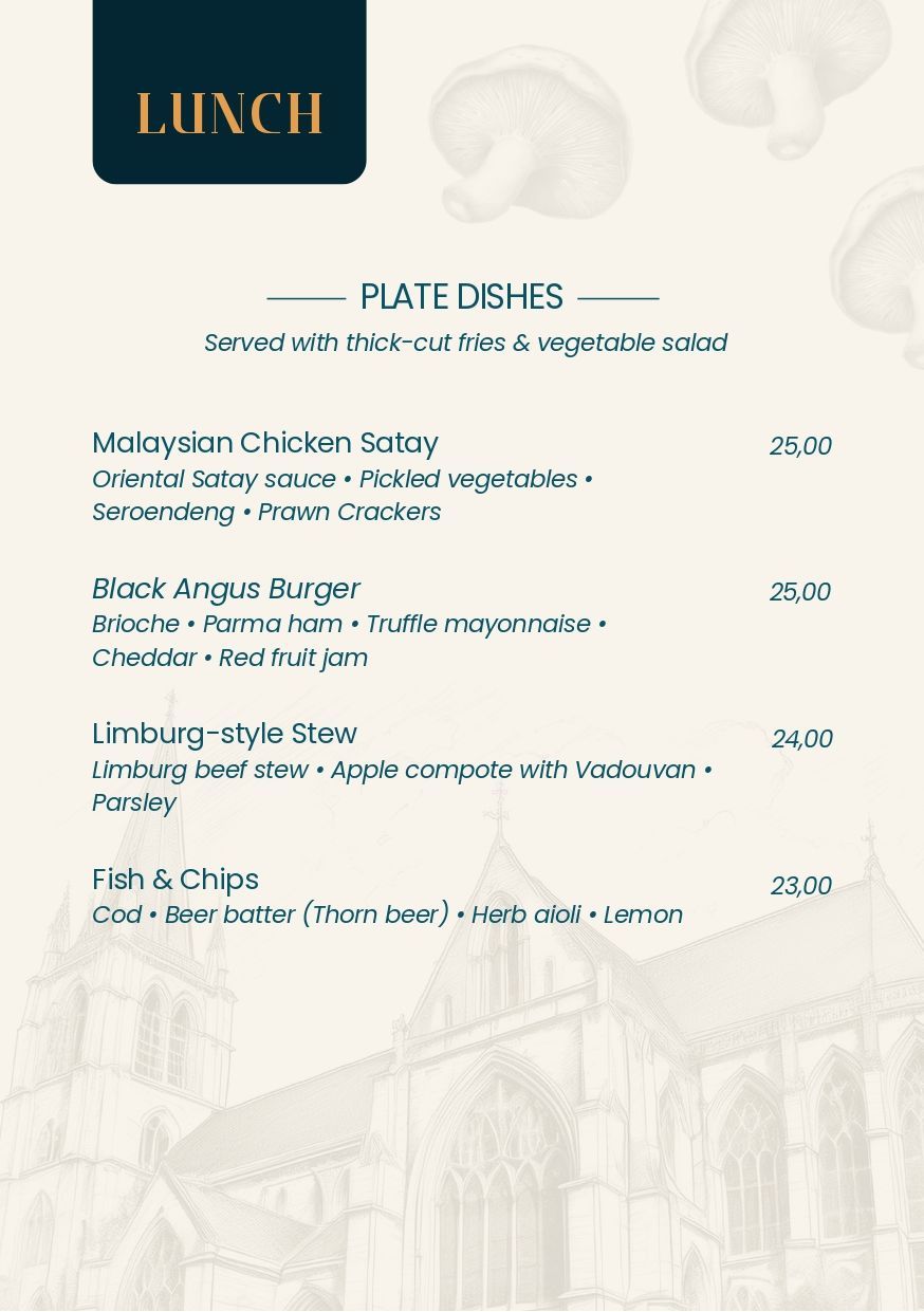 Een menukaart voor een restaurant toont een verscheidenheid aan gerechten en dranken.