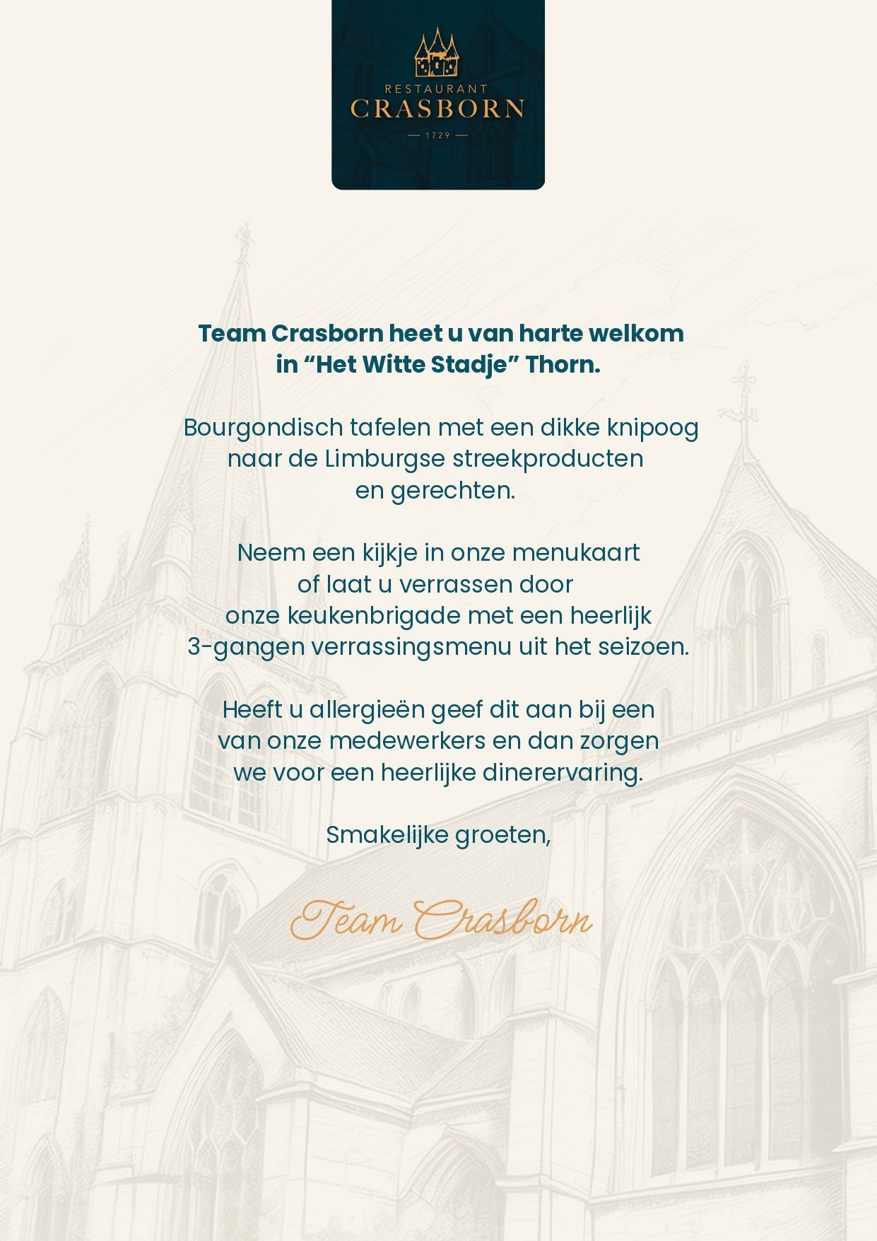 Een dinerkaart met een afbeelding van de Abdijkerk in Thorn.