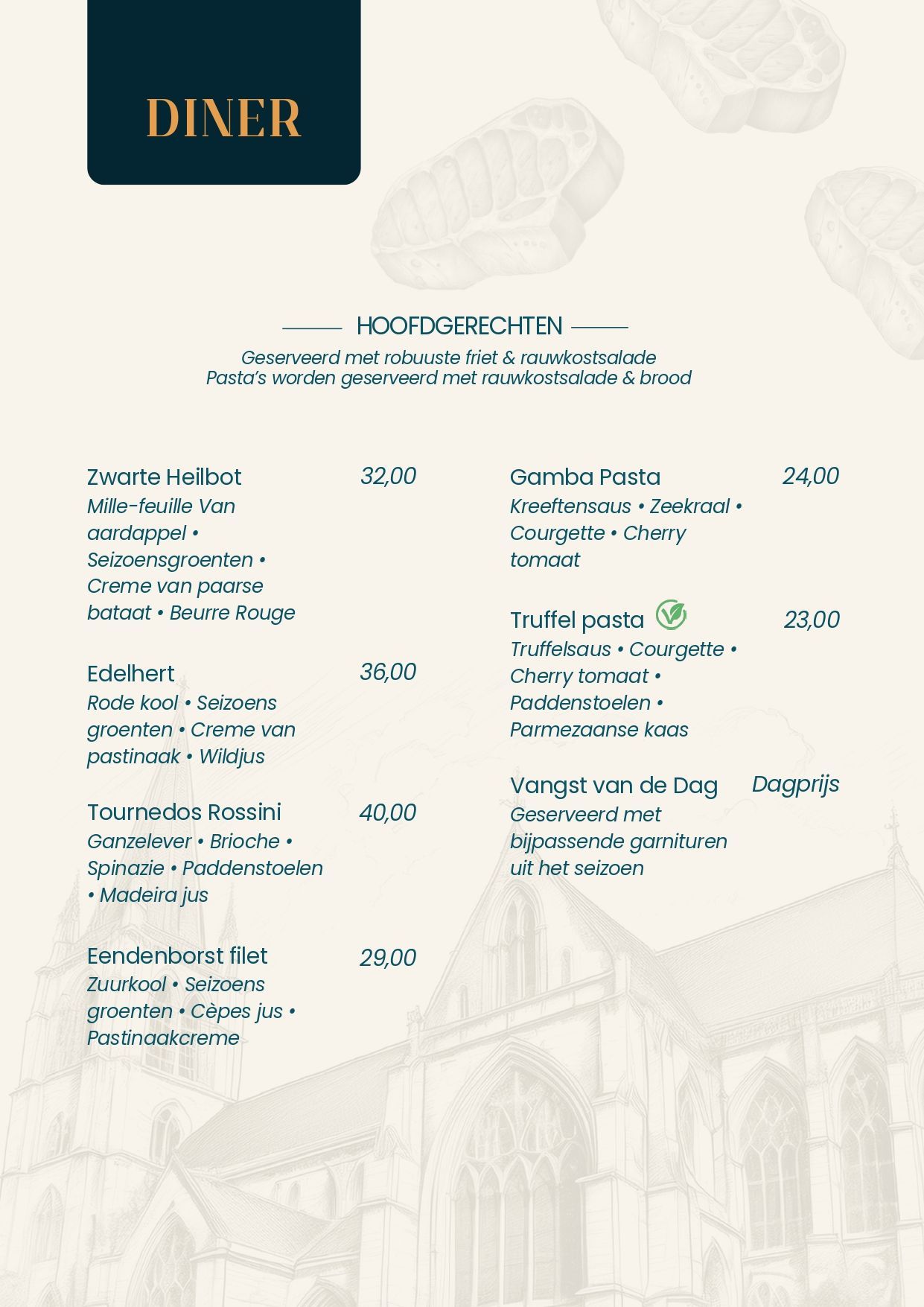 Dinerkaart Hotel Restaurant Crasborn in Thorn pagina hoofdgerechten