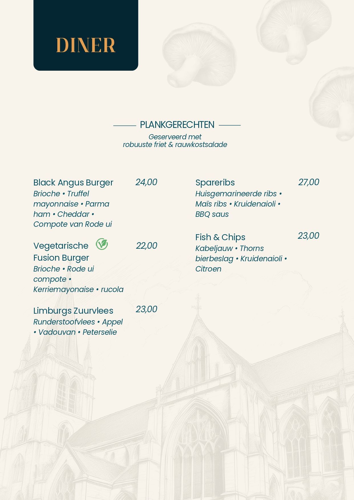 Dinermenu met opties: hamburger, risotto, fish & chips. Lichte achtergrond met architectuurillustratie.