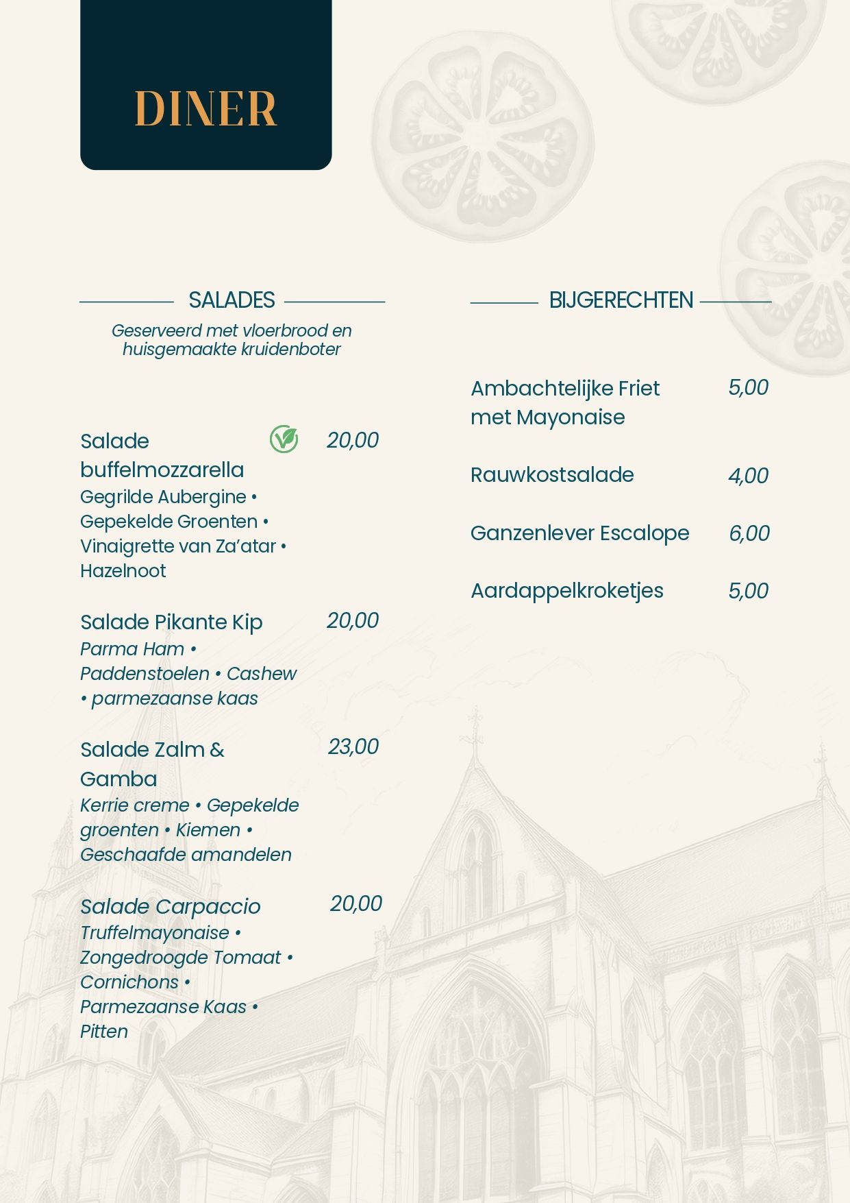 Dinermenu met tekst in twee kolommen, inclusief voorgerechten en hoofdgerechten met prijzen en drankjes.