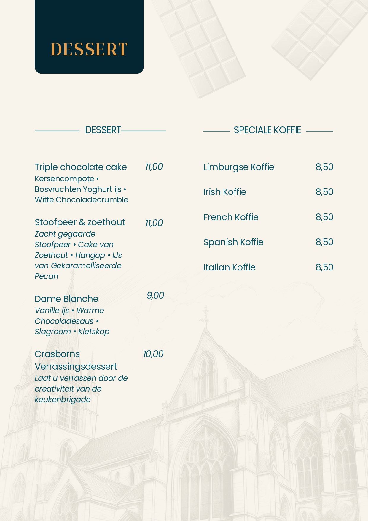 Dessertkaart Hotel Restaurant Crasborn met tekst op een beige achtergrond, met zoetigheden, koffie en de prijs in euro's.