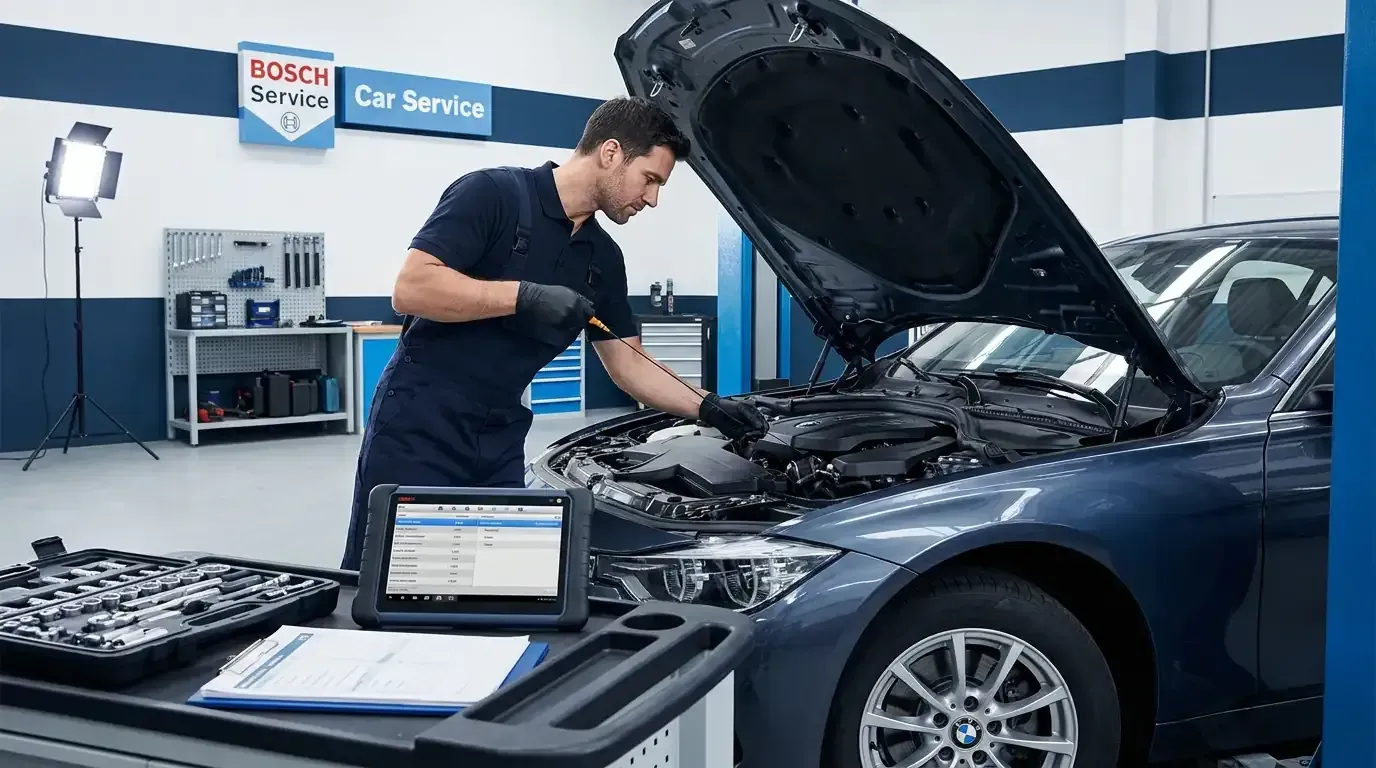 Un mecánico inspecciona un coche azul con el capó abierto en un taller mecánico; un ordenador portátil se encuentra cerca, sobre un banco de trabajo.