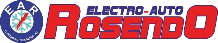 Logotipo de Electro-Auto Rosendo con texto rojo y azul y un emblema redondo sobre un fondo blanco.