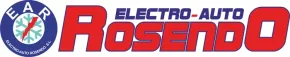 Logotipo de Electro-Auto Rosendo con texto rojo y azul y un emblema redondo sobre un fondo blanco.