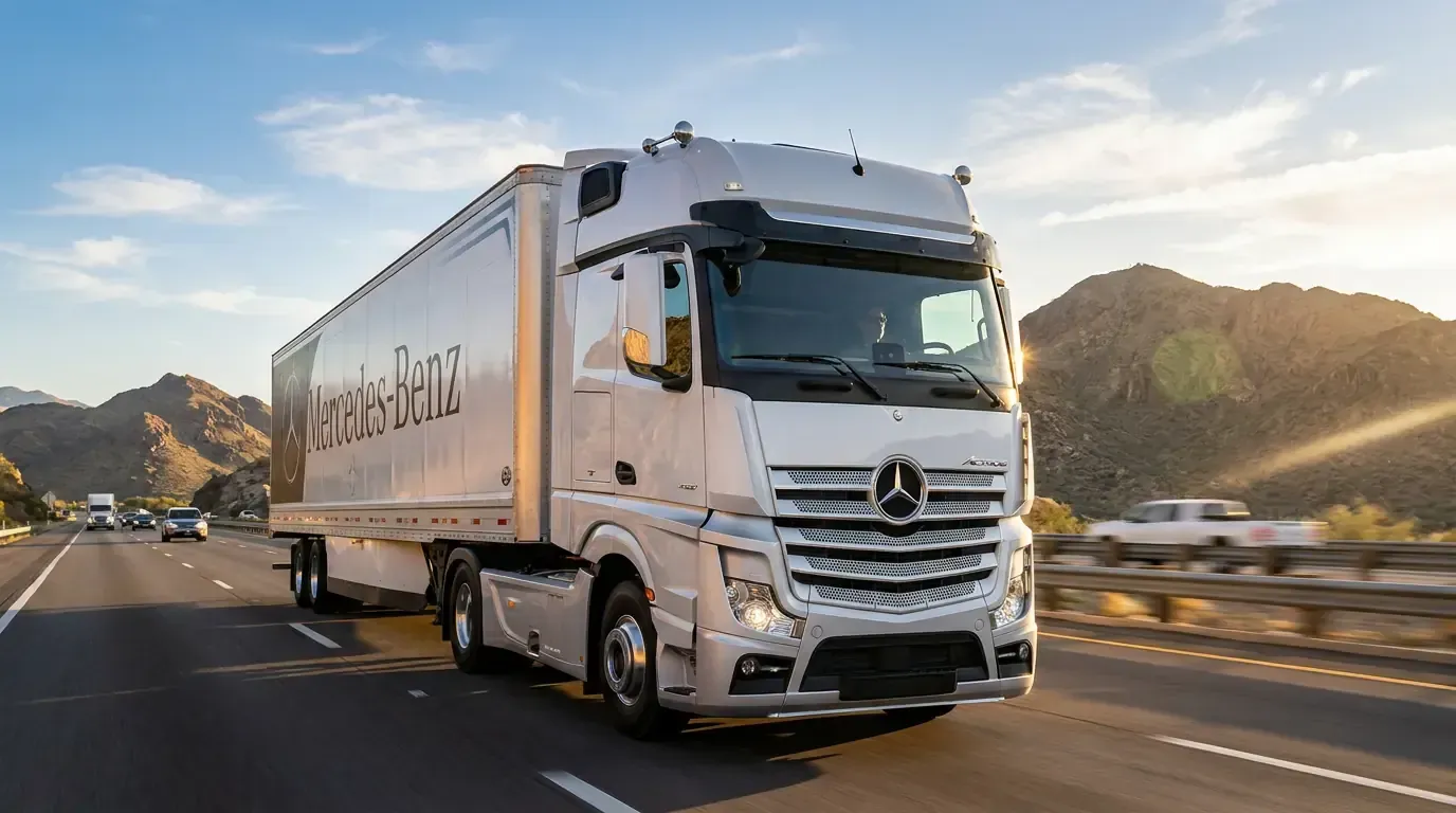 Camioneta Mercedes blanca circulando por una autopista con montañas al fondo al amanecer.