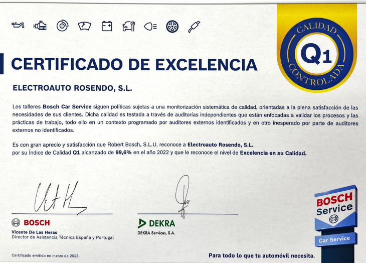 Un certificado de excelencia de electroauto rosendo sl