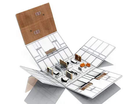 Un modelo 3D de una casa en una caja con techo de madera.