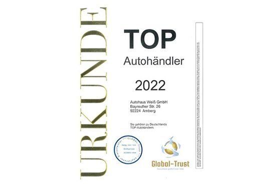 Urkunde Top-Autohändler 2022, Autohaus Weiß GmbH