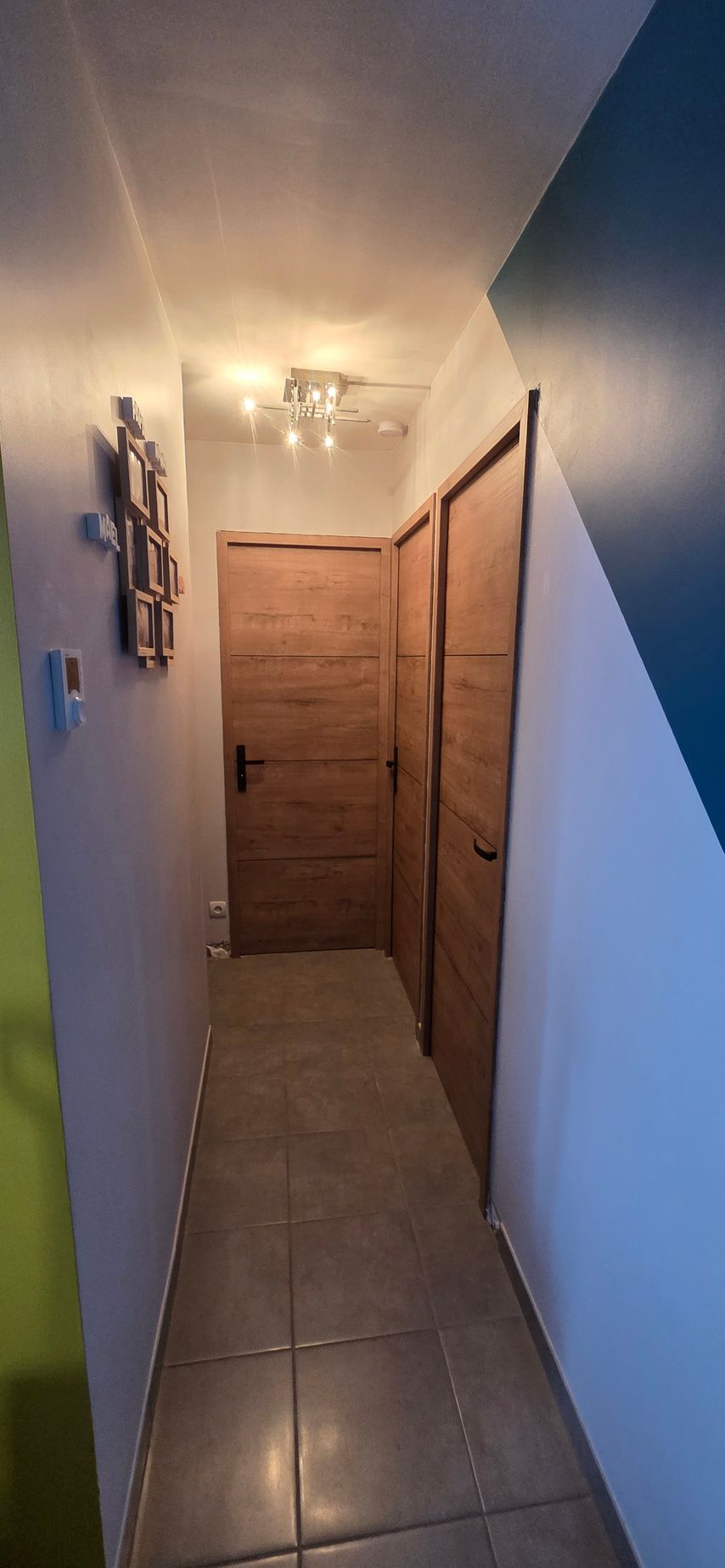 Un couloir accueillant avec une porte blanche, une console en bois, des plantes en pot, des tableaux encadrés et un éclairage d'ambiance chaleureux.