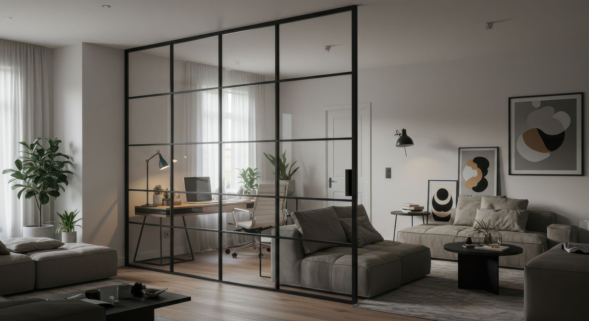 Un salon moderne divisé par une paroi vitrée à cadre noir, créant un espace bureau séparé à la décoration neutre.