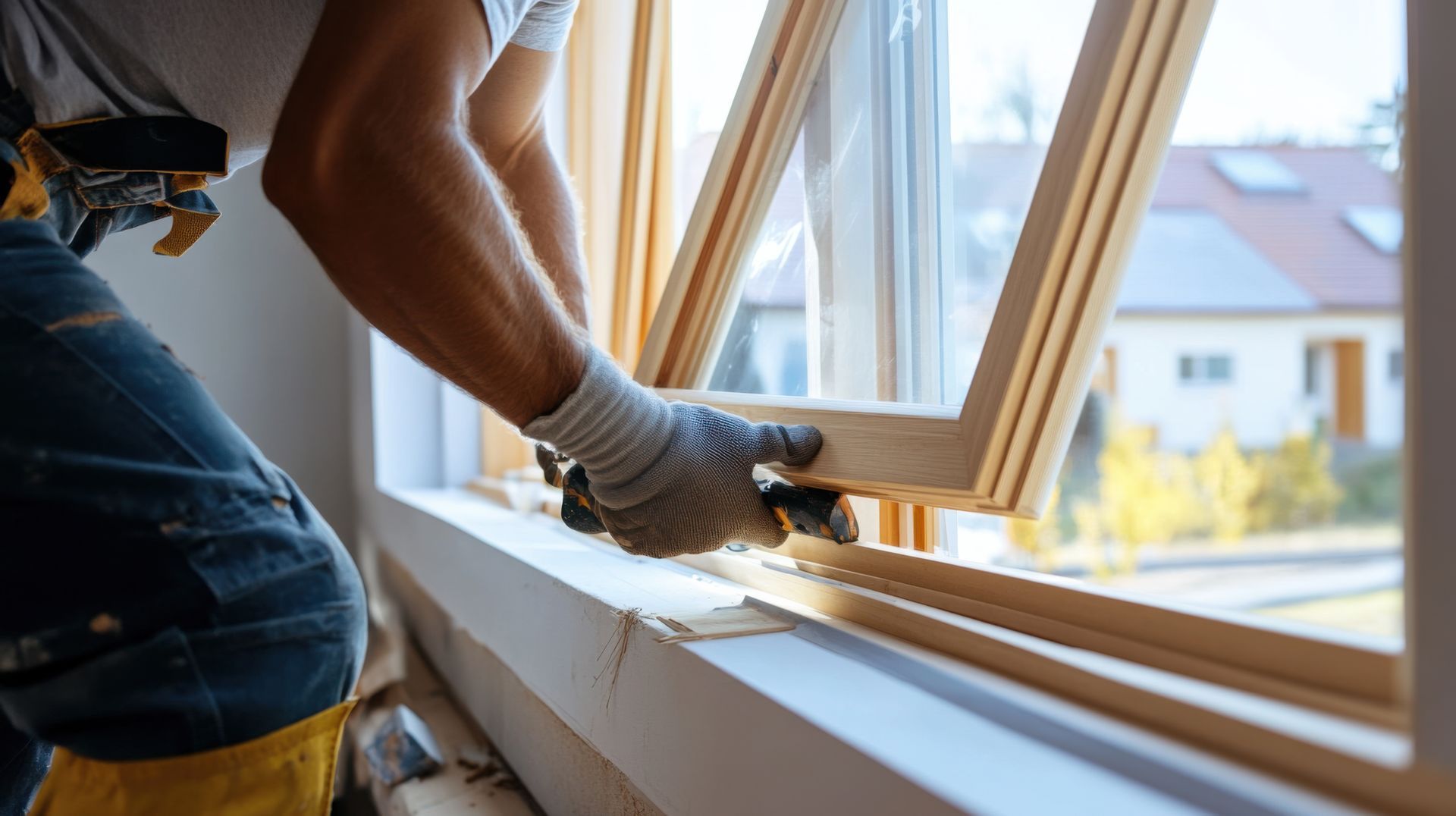 Un ouvrier en tenue de travail et gants installe un cadre de fenêtre en bois dans un mur, donnant sur des maisons de banlieue.