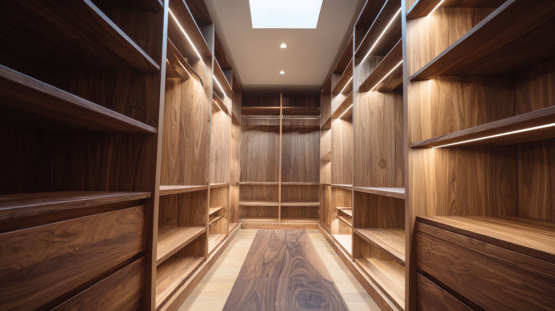 Un dressing moderne avec des étagères en bois foncé, un éclairage LED intégré et une longue banquette en bois au centre.
