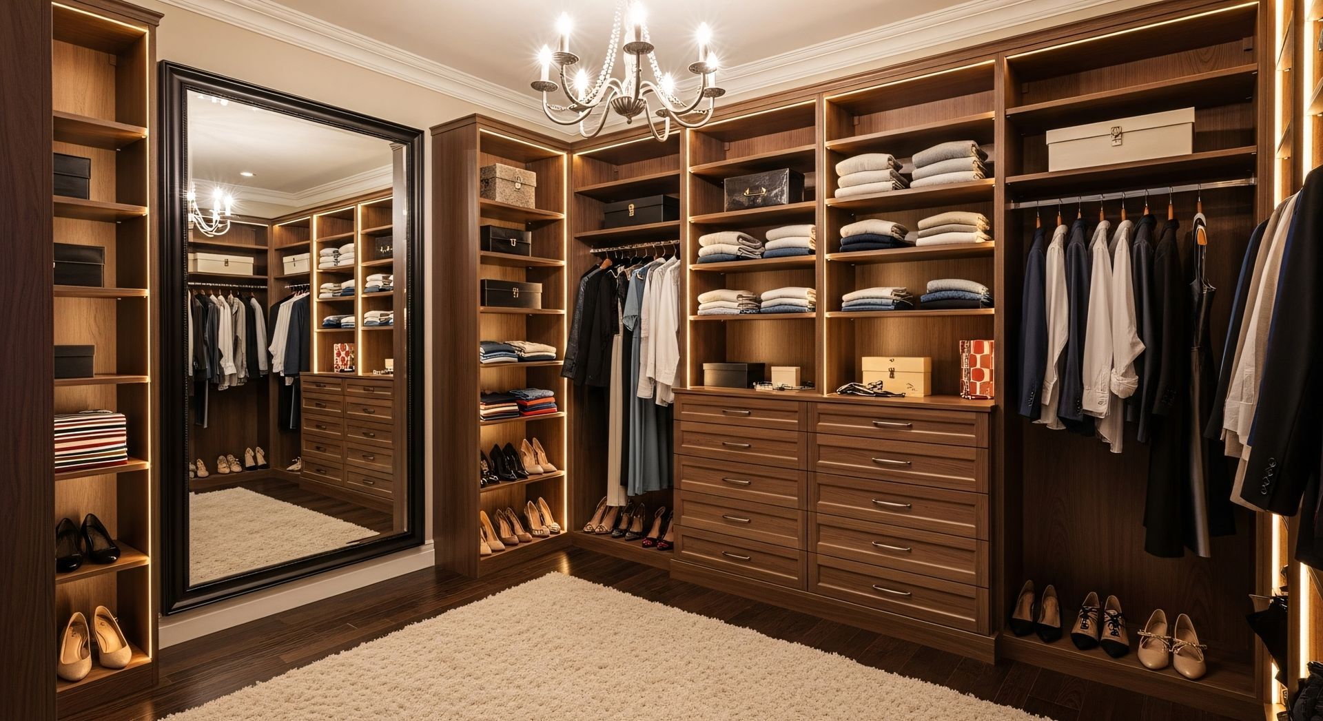 Un dressing spacieux et bien organisé, avec des étagères en bois foncé, des vêtements suspendus, des tiroirs et un grand miroir sous un lustre.