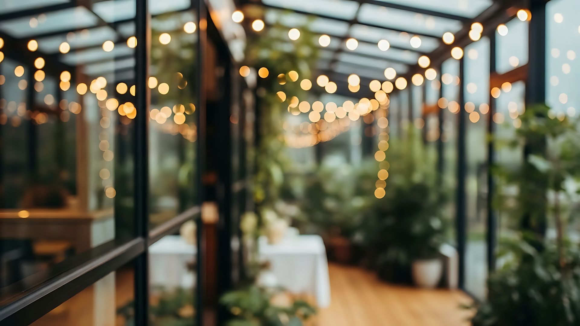 Une véranda ou une serre intérieure aux teintes douces et floues, illuminée par des guirlandes lumineuses aux tons chauds et remplie de plantes luxuriantes.