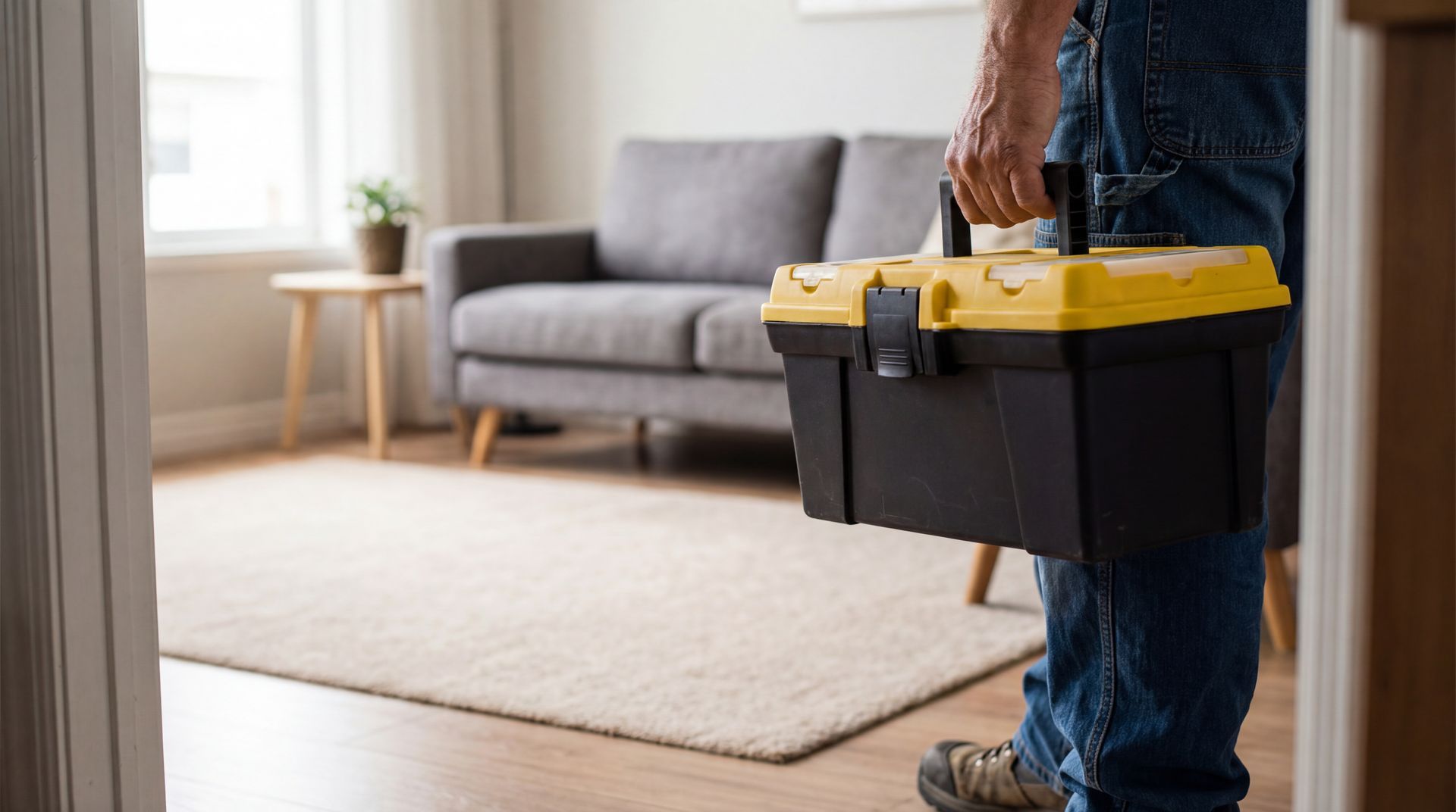Une personne tenant une boîte à outils jaune et noire, debout dans l'embrasure de la porte d'un salon meublé.