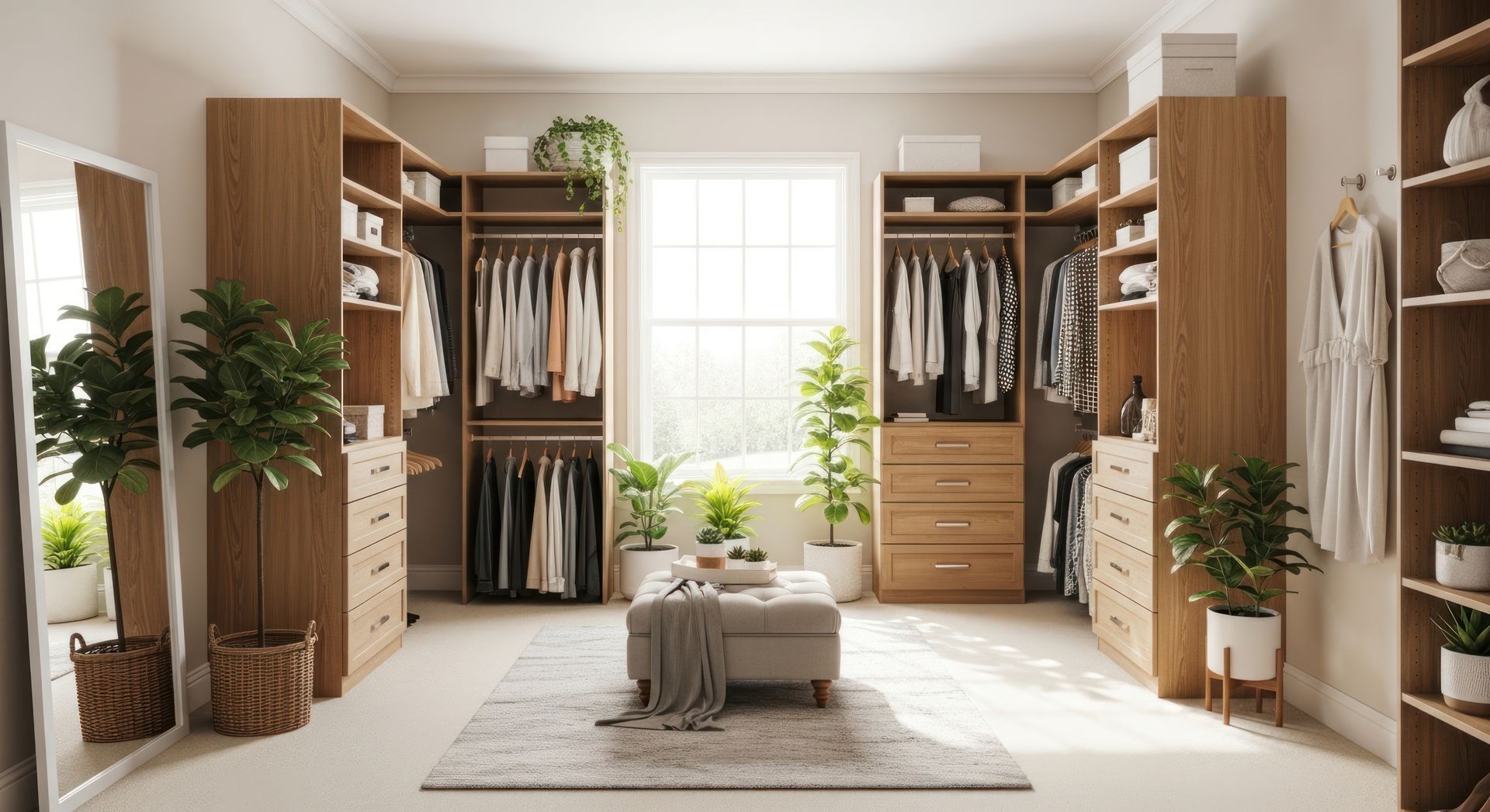 Un dressing lumineux et aéré avec des placards en bois, des vêtements suspendus, des tiroirs, des plantes, un miroir sur pied et un pouf central.