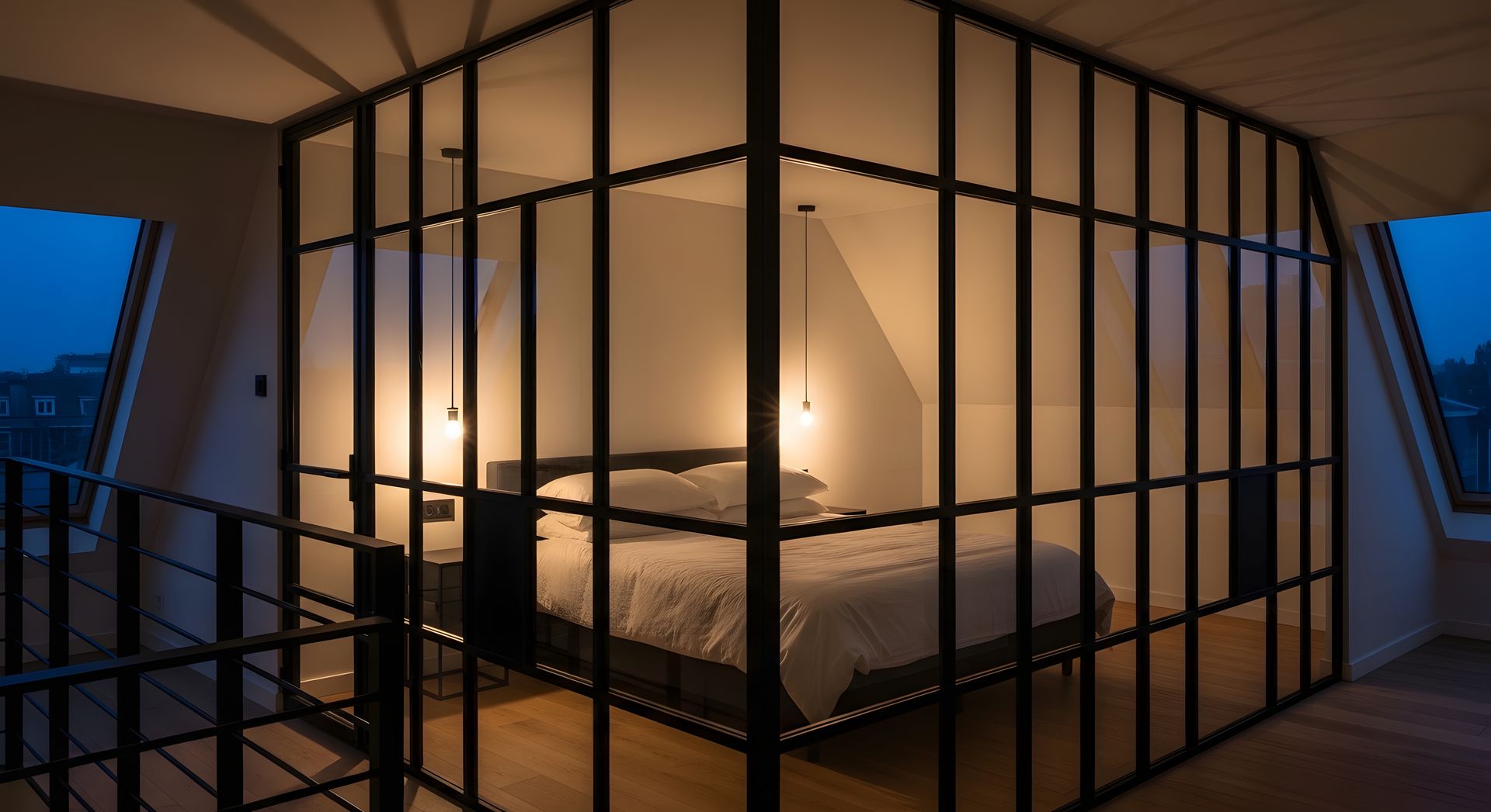 Une chambre à coucher fermée par une cloison de verre à cadre noir, située dans un grenier faiblement éclairé au crépuscule.