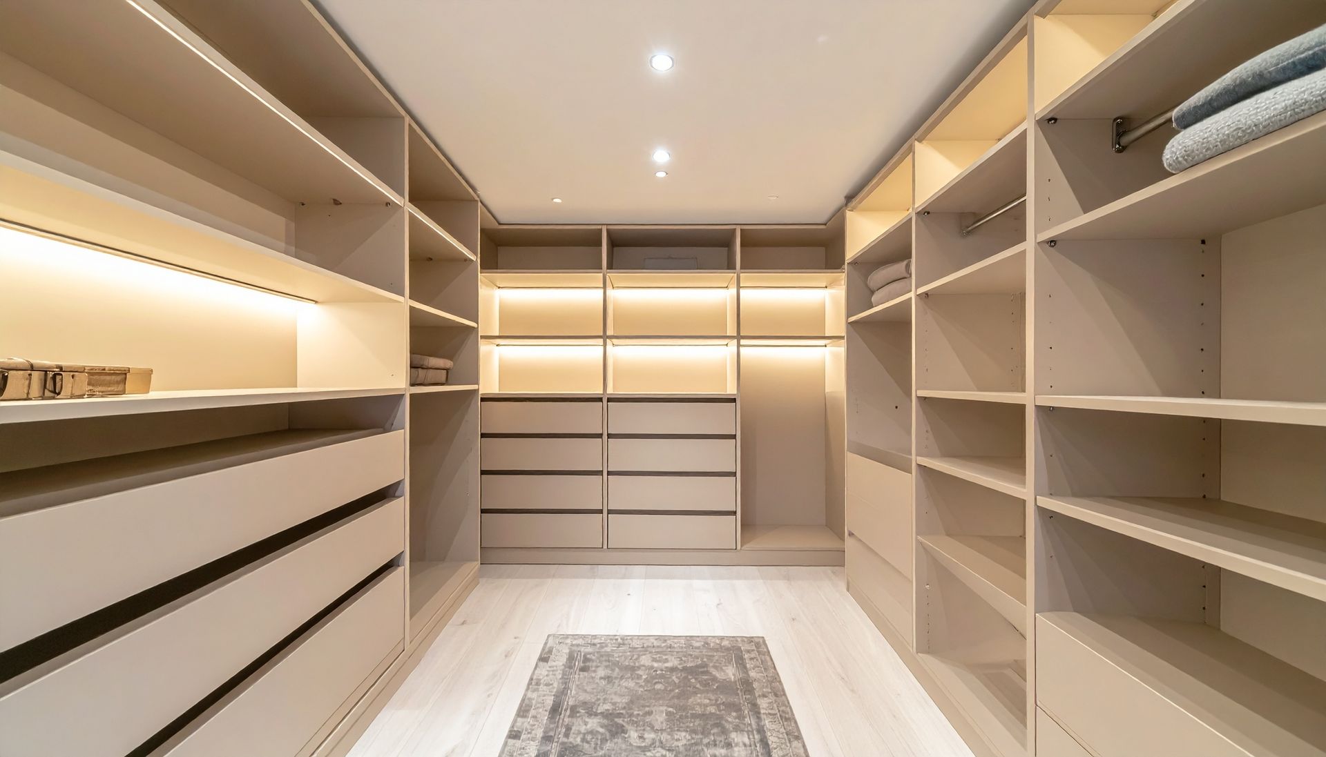 Un dressing moderne et lumineux avec des étagères couleur crème, des tiroirs intégrés, un éclairage d'ambiance et un tapis neutre.