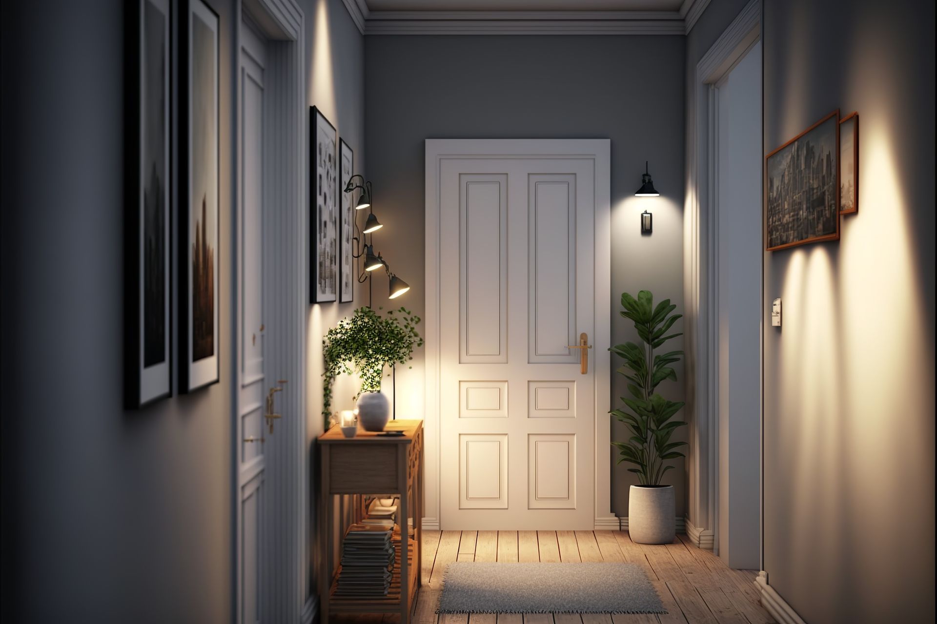 Un couloir avec une console en bois, une plante en pot, des tableaux encadrés et une porte blanche au centre, éclairé par une lumière chaude.
