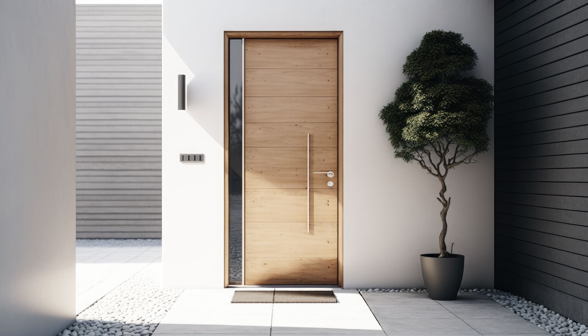 Une porte d'entrée moderne en bois avec une fenêtre latérale, une poignée verticale et un arbre en pot sur un patio minimaliste.